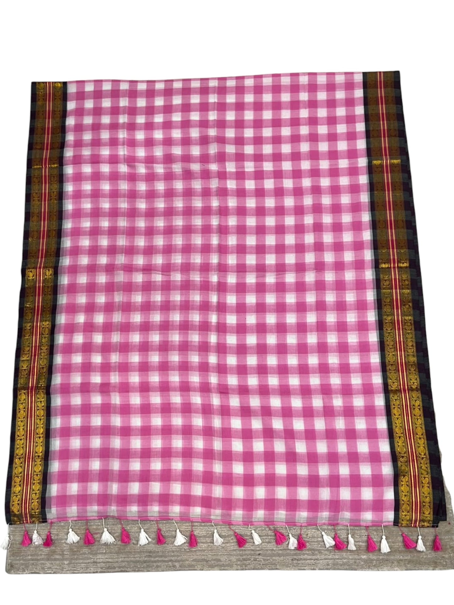 Southloom Mul Cotton 120 x 120 Soft Fabric Saree with Pink Check Desgin in Body SL215