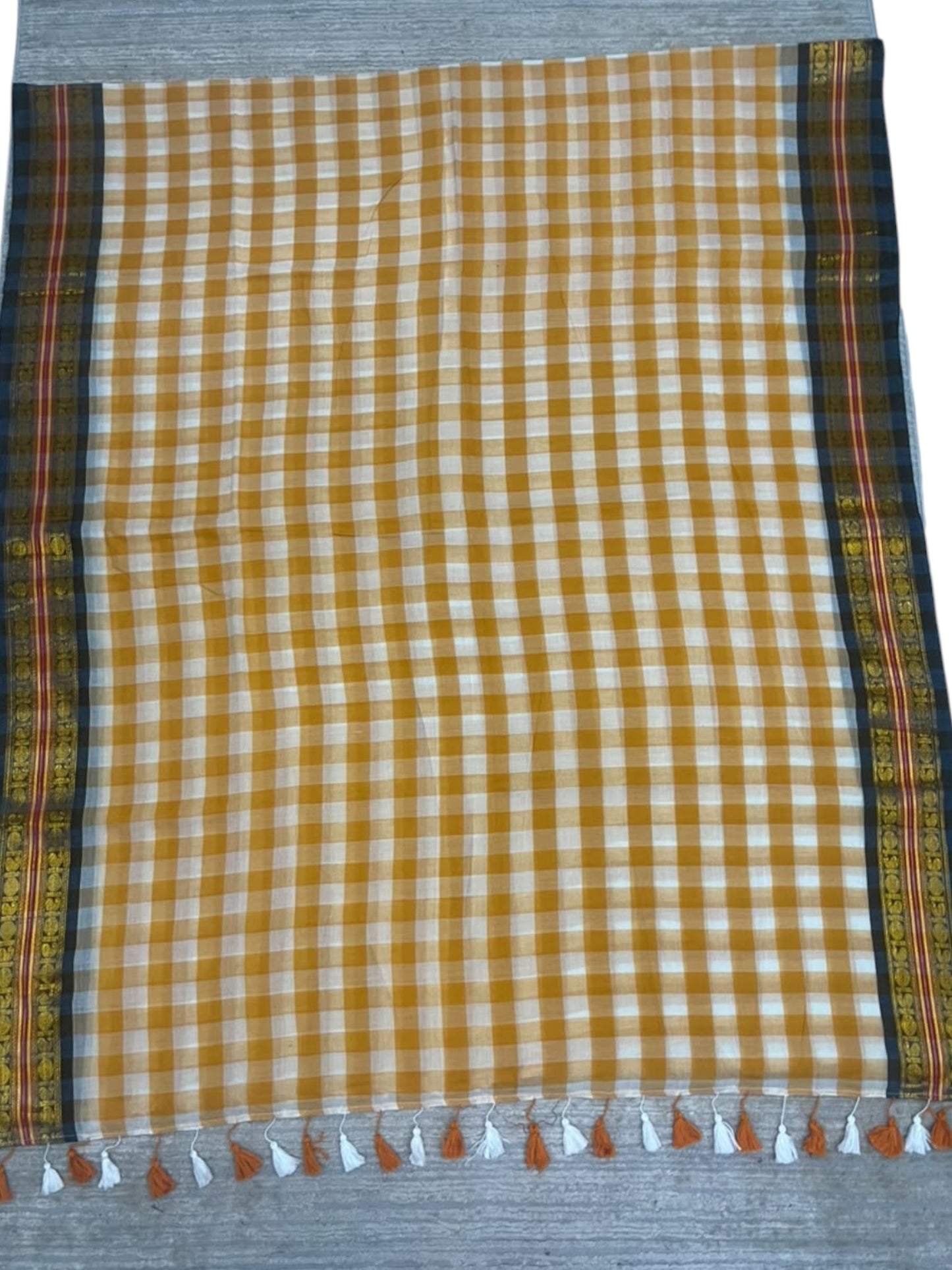 Southloom Mul Cotton 120 x 120 Soft Fabric Saree with Yellow Check Desgin in Body SL215