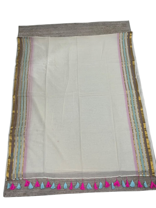 Southloom Mul Cotton 120 x 120 Soft Fabric Saree with  Blue&Pink Border SL215