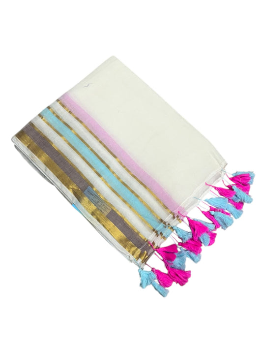 Southloom Mul Cotton 120 x 120 Soft Fabric Saree with  Blue&Pink Border SL215