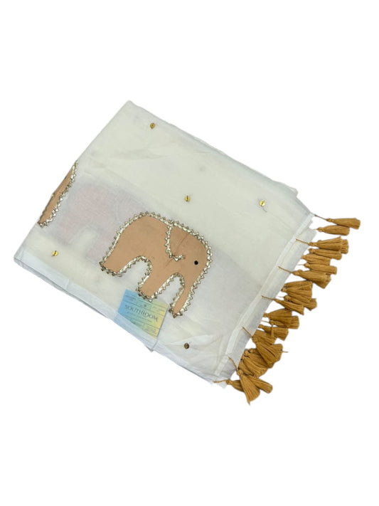 Southloom Mul Cotton 120 x 120 Soft Fabric Saree with Elephant Appliqu Embroidery Work On Border SL215