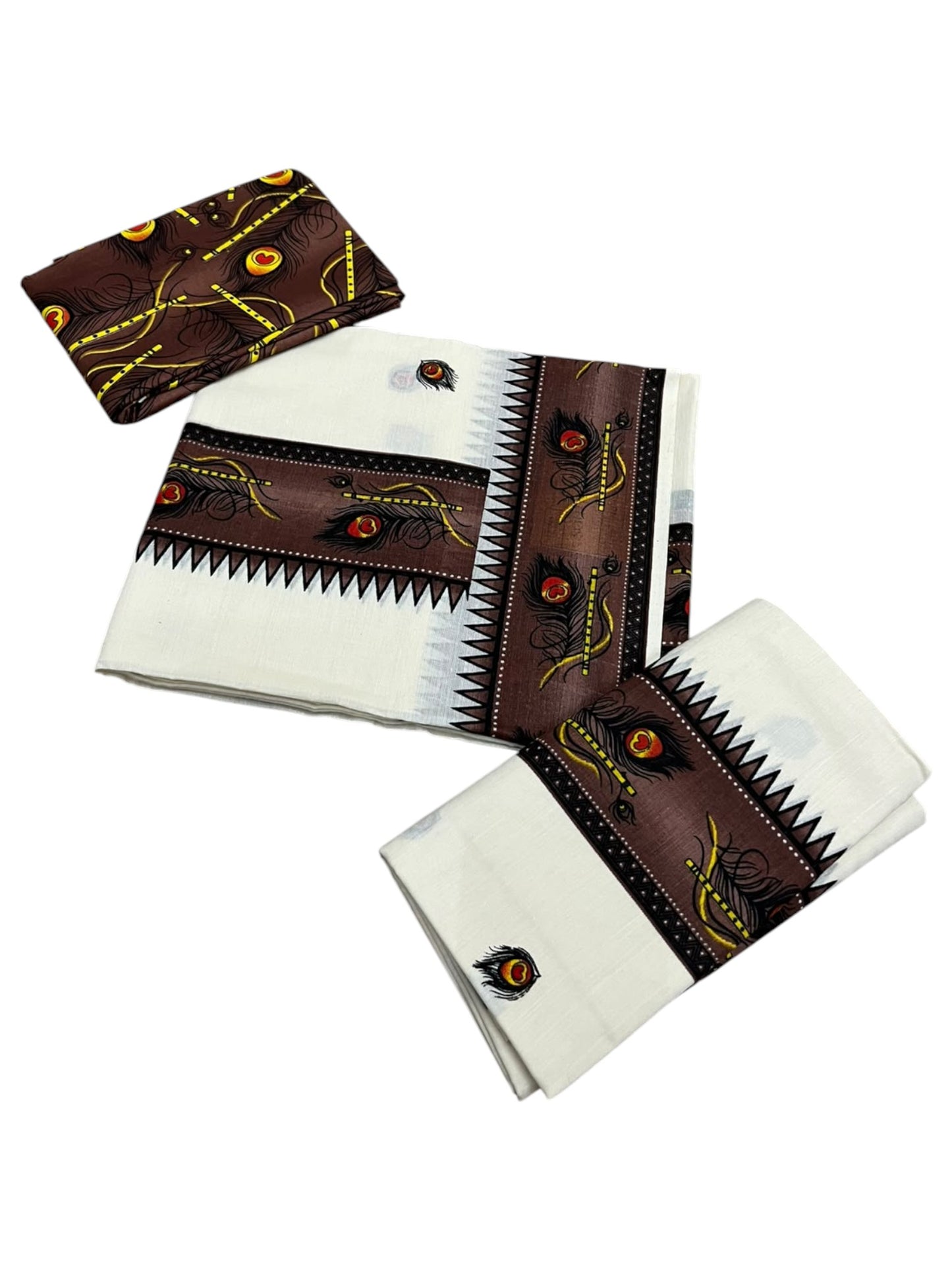 Southloom Kerala Pure Cotton  Set Mundu (Mundum Neriyathum) with Brown Block Prints on Border-2.80Mtrs SL621
