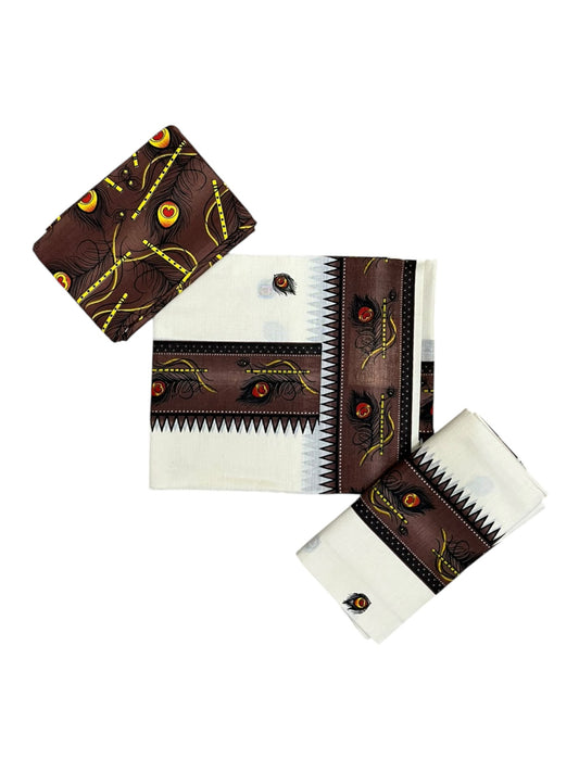 Southloom Kerala Pure Cotton  Set Mundu (Mundum Neriyathum) with Brown Block Prints on Border-2.80Mtrs SL621