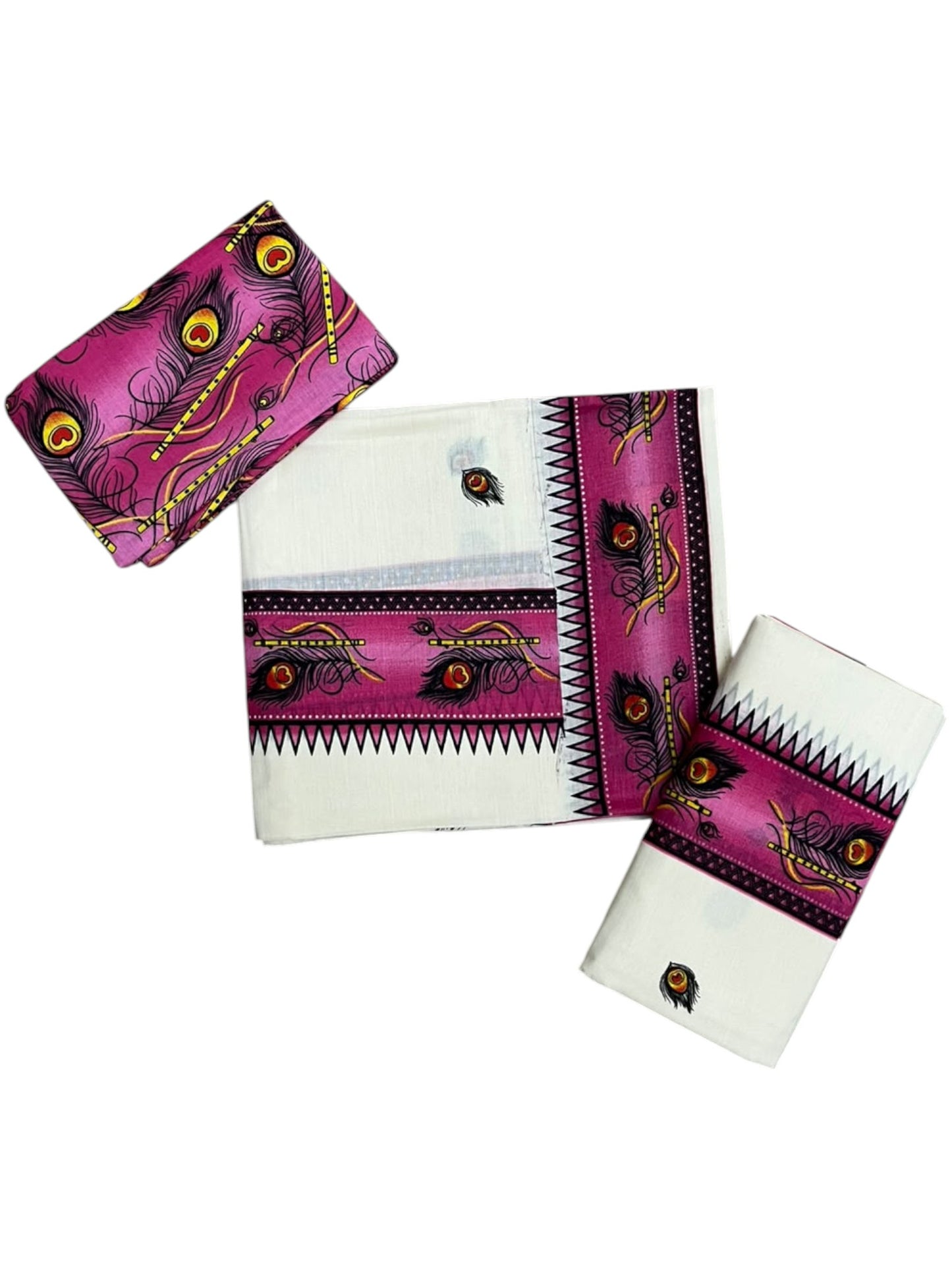 Southloom Kerala Pure Cotton  Set Mundu (Mundum Neriyathum) with Pink Block Prints on Border-2.80Mtrs SL621