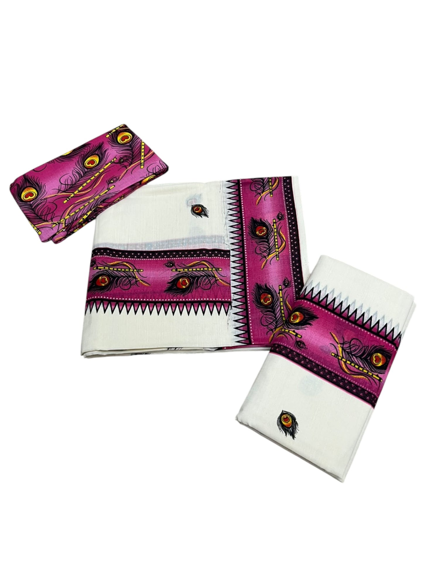 Southloom Kerala Pure Cotton  Set Mundu (Mundum Neriyathum) with Pink Block Prints on Border-2.80Mtrs SL621