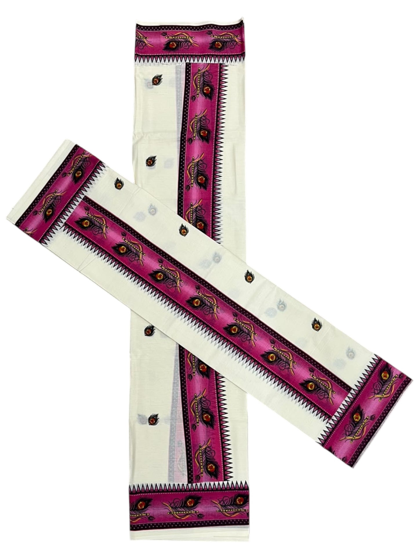 Southloom Kerala Pure Cotton  Set Mundu (Mundum Neriyathum) with Pink Block Prints on Border-2.80Mtrs SL621