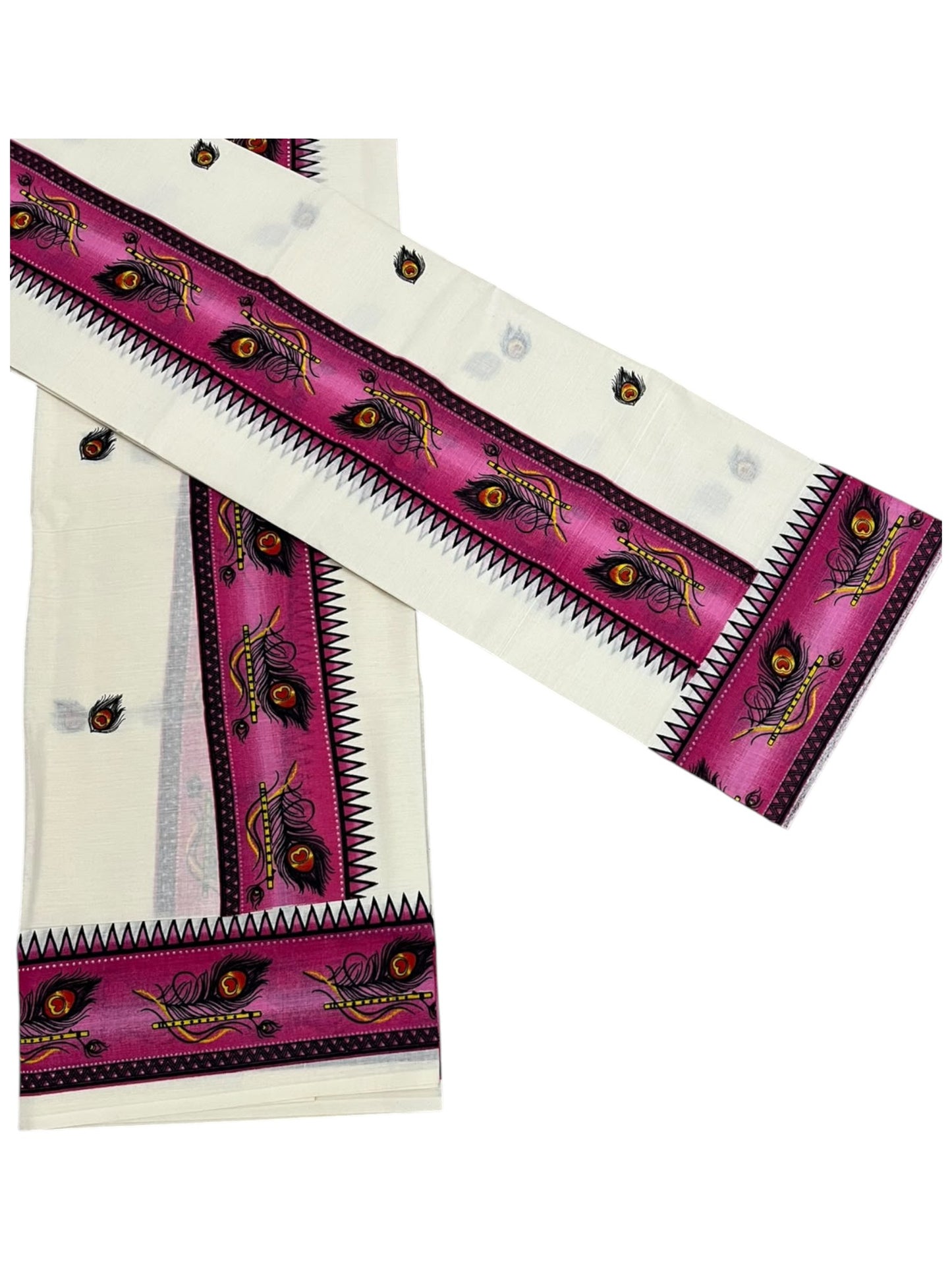 Southloom Kerala Pure Cotton  Set Mundu (Mundum Neriyathum) with Pink Block Prints on Border-2.80Mtrs SL621