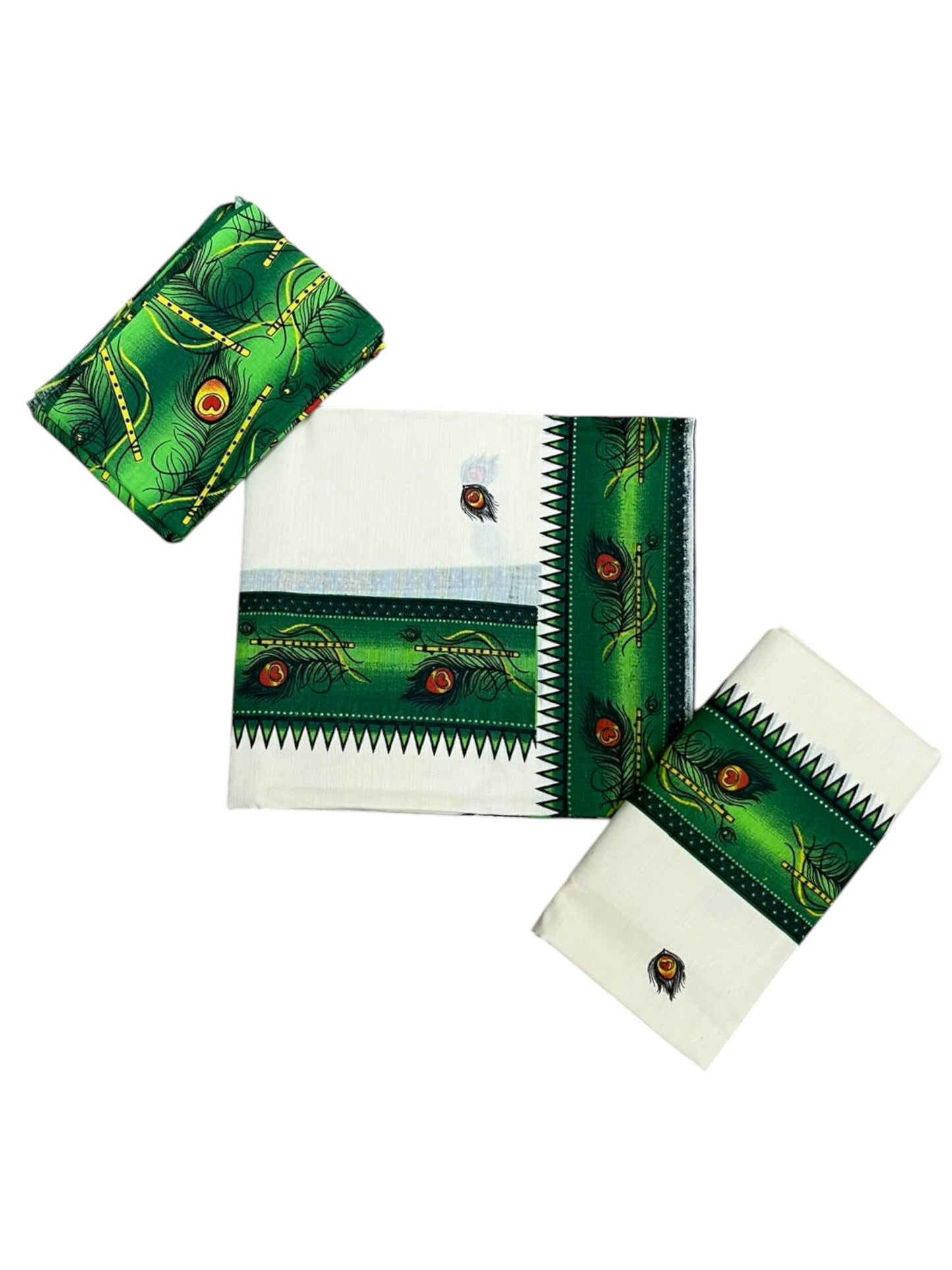 Southloom Kerala Pure Cotton  Set Mundu (Mundum Neriyathum) with Green Block Prints on Border-2.80Mtrs SL621
