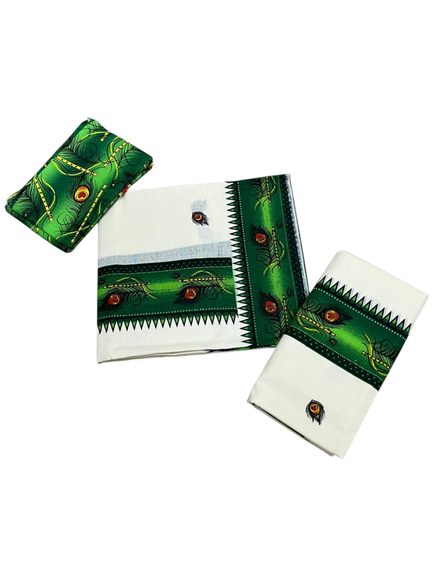Southloom Kerala Pure Cotton  Set Mundu (Mundum Neriyathum) with Green Block Prints on Border-2.80Mtrs SL621