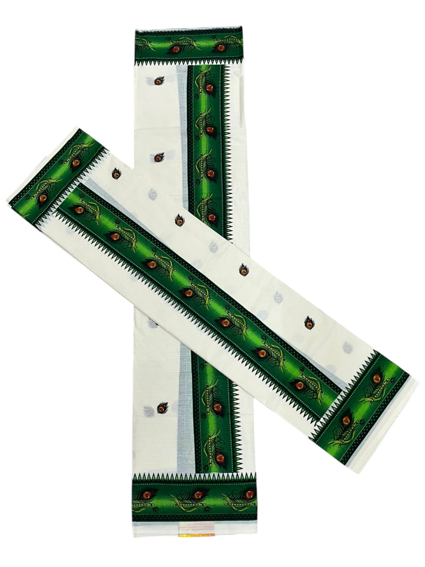 Southloom Kerala Pure Cotton  Set Mundu (Mundum Neriyathum) with Green Block Prints on Border-2.80Mtrs SL621