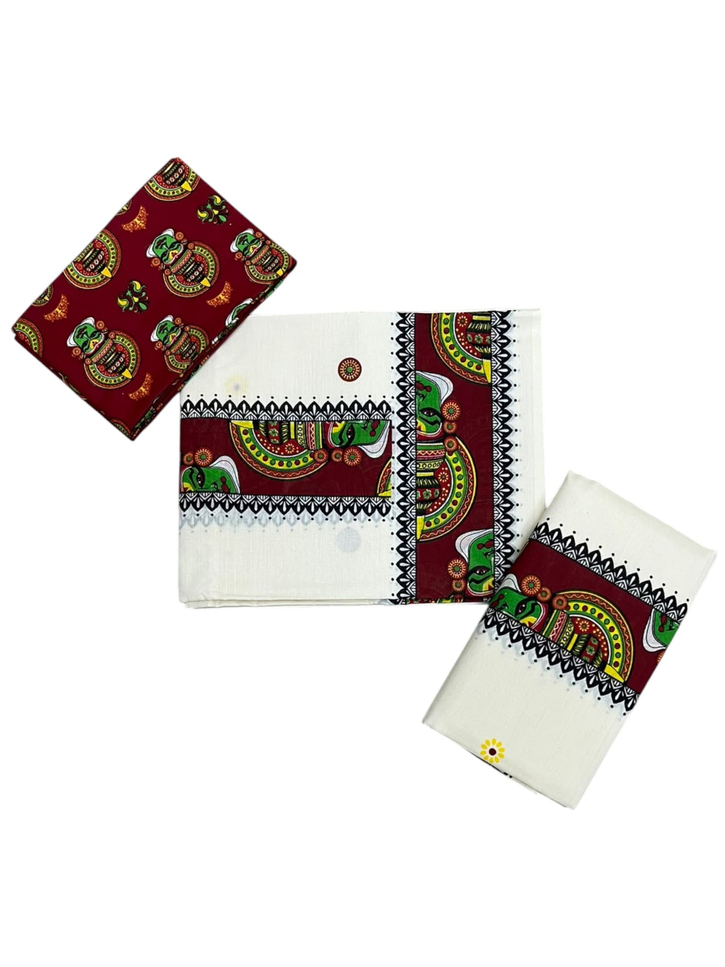 Southloom Kerala Pure Cotton  Set Mundu (Mundum Neriyathum) with Maroon Kathakali  Block Prints on Border-2.80Mtrs SL621