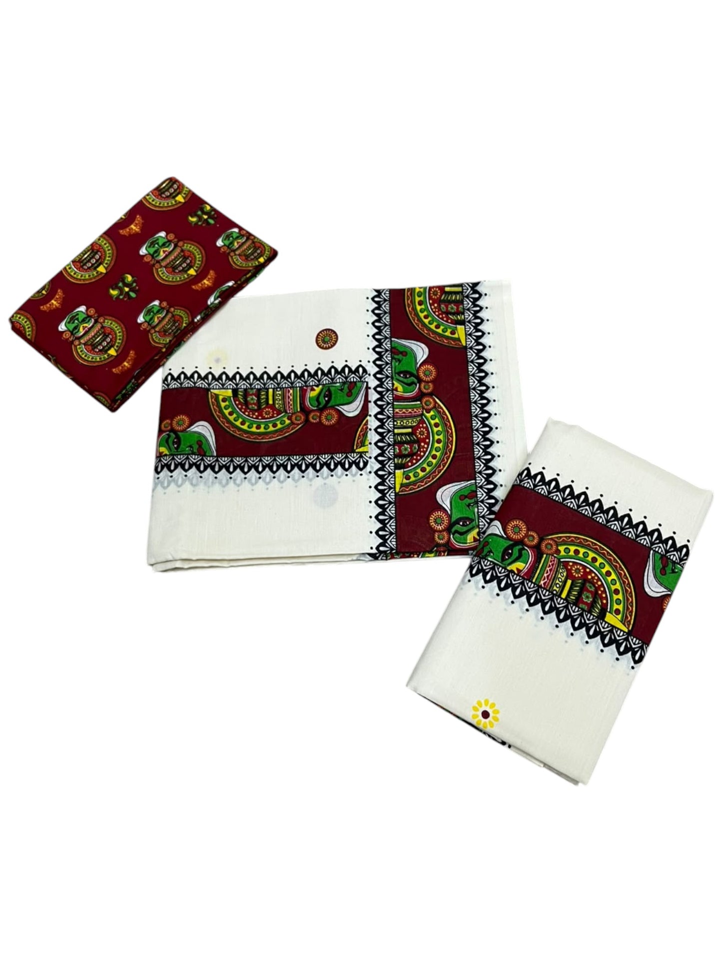 Southloom Kerala Pure Cotton  Set Mundu (Mundum Neriyathum) with Maroon Kathakali  Block Prints on Border-2.80Mtrs SL621