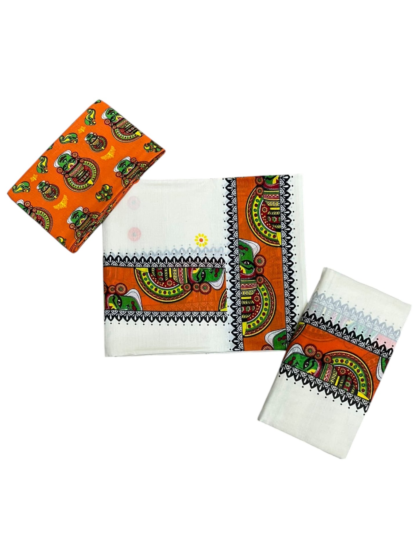Southloom Kerala Pure Cotton Set Mundu (Mundum Neriyathum) with Orange Kathakali Block Prints on Border-2.80Mtrs SL621