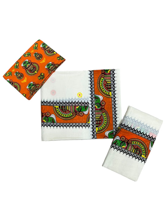 Southloom Kerala Pure Cotton Set Mundu (Mundum Neriyathum) with Orange Kathakali Block Prints on Border-2.80Mtrs SL621