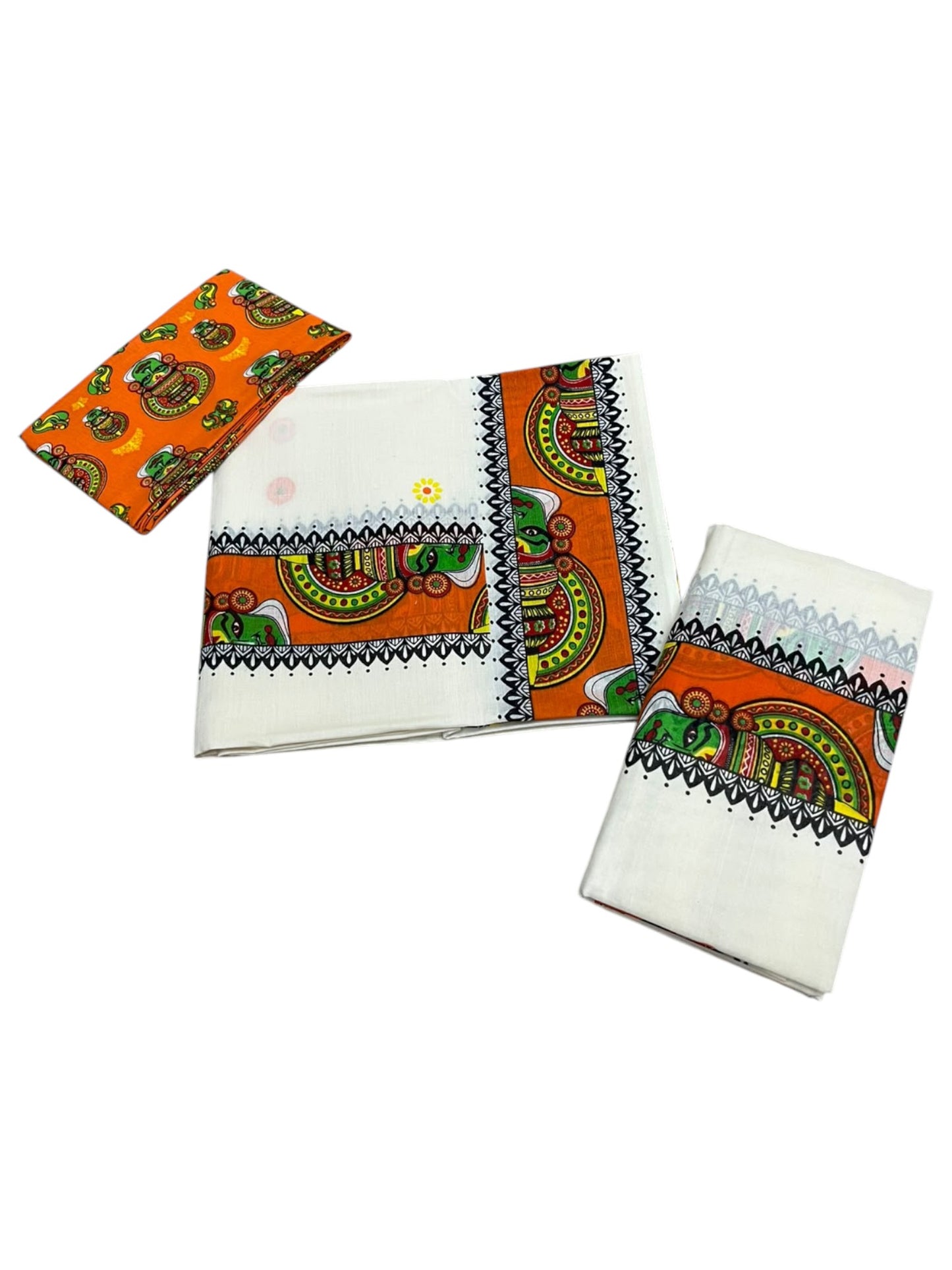 Southloom Kerala Pure Cotton Set Mundu (Mundum Neriyathum) with Orange Kathakali Block Prints on Border-2.80Mtrs SL621