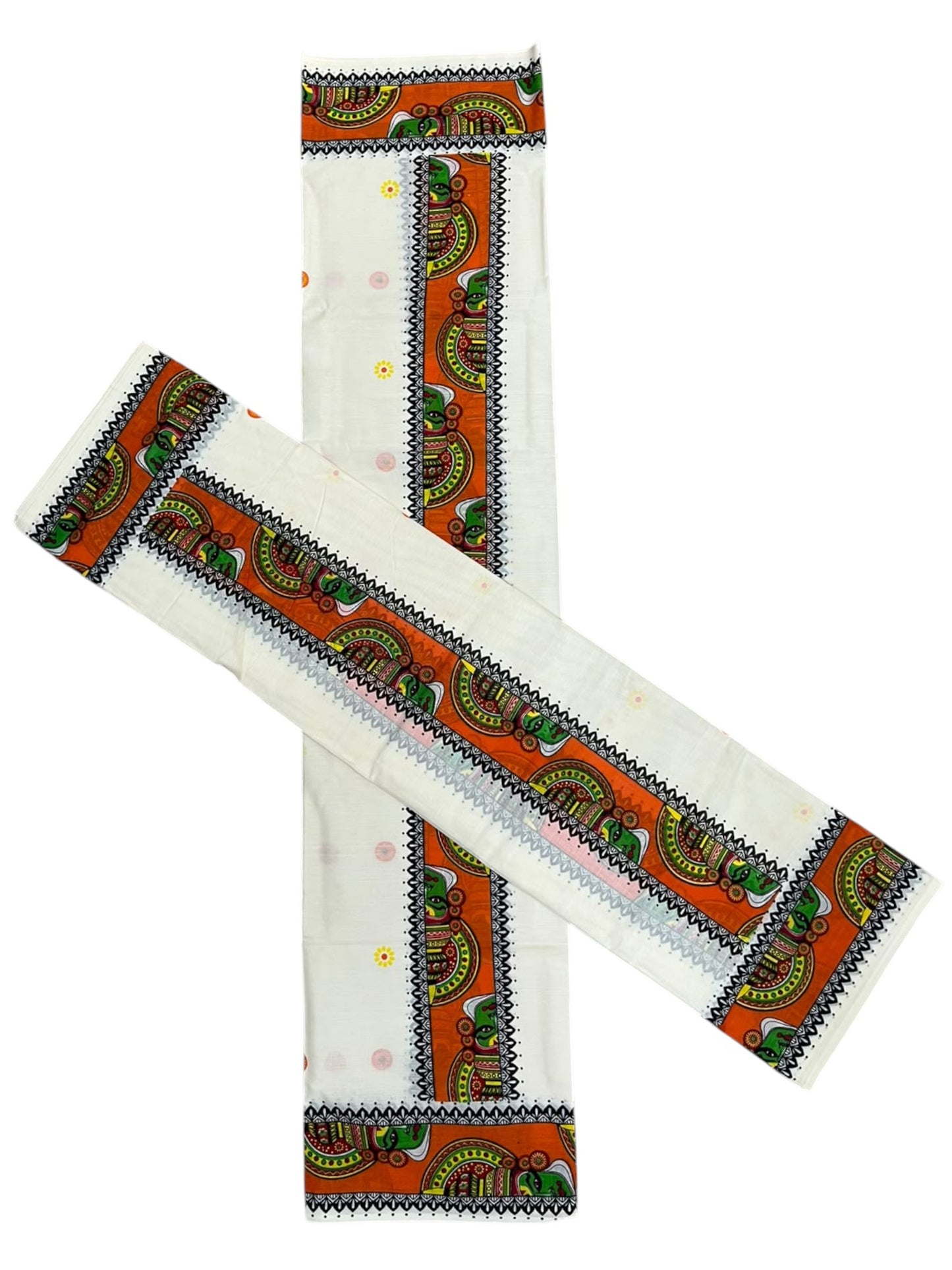 Southloom Kerala Pure Cotton Set Mundu (Mundum Neriyathum) with Orange Kathakali Block Prints on Border-2.80Mtrs SL621