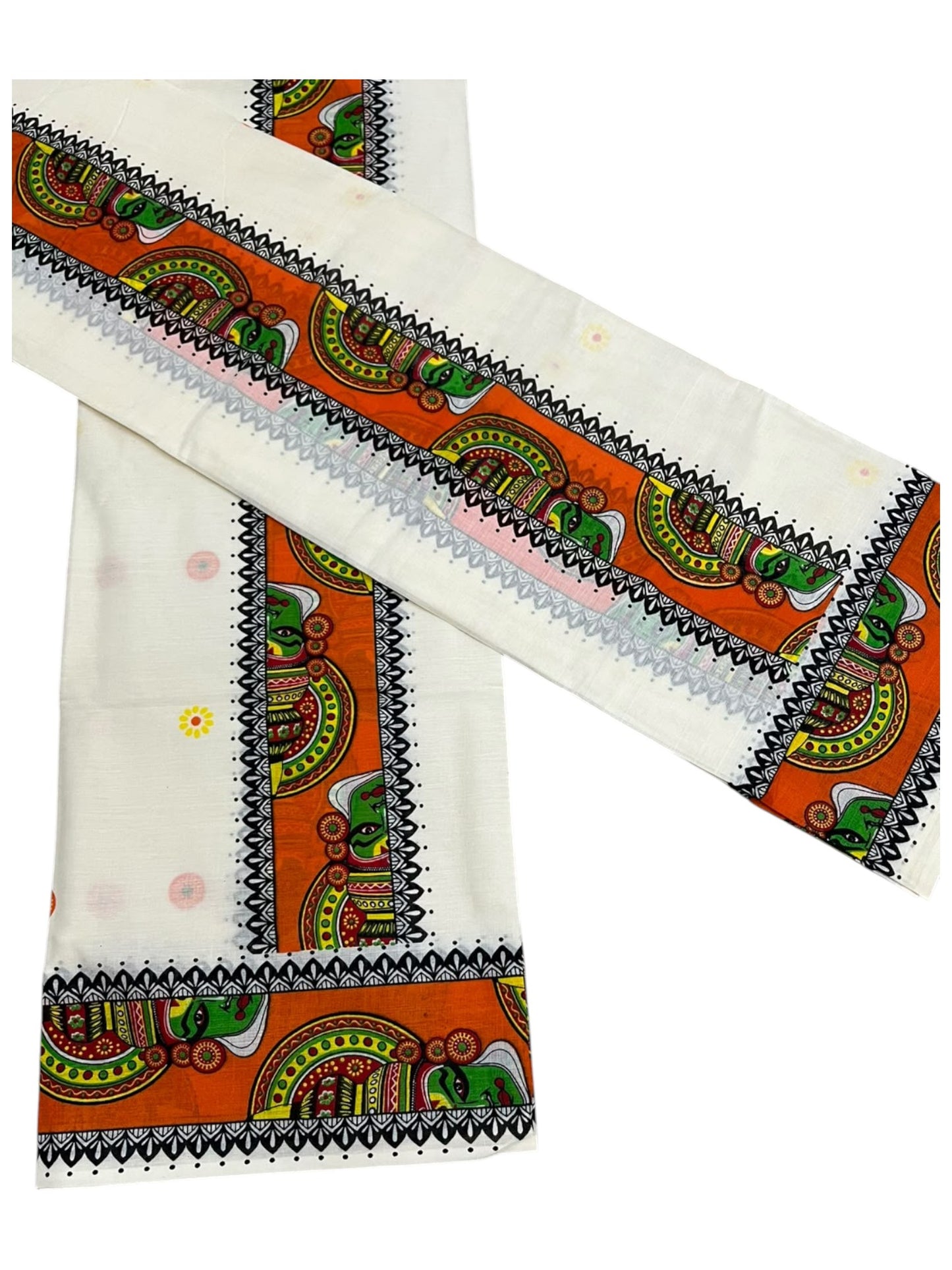 Southloom Kerala Pure Cotton Set Mundu (Mundum Neriyathum) with Orange Kathakali Block Prints on Border-2.80Mtrs SL621