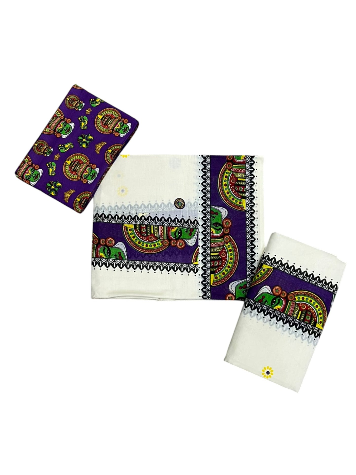 Southloom Kerala Pure Cotton Set Mundu (Mundum Neriyathum) with Violet Kathakali Block Prints on Border-2.80Mtrs SL621