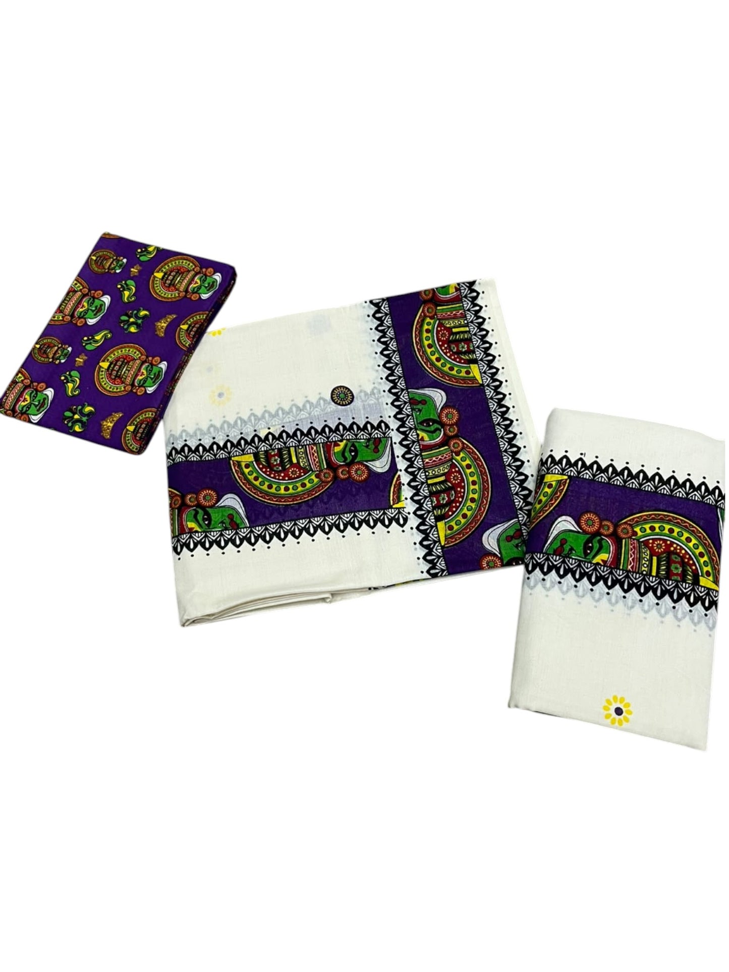 Southloom Kerala Pure Cotton Set Mundu (Mundum Neriyathum) with Violet Kathakali Block Prints on Border-2.80Mtrs SL621