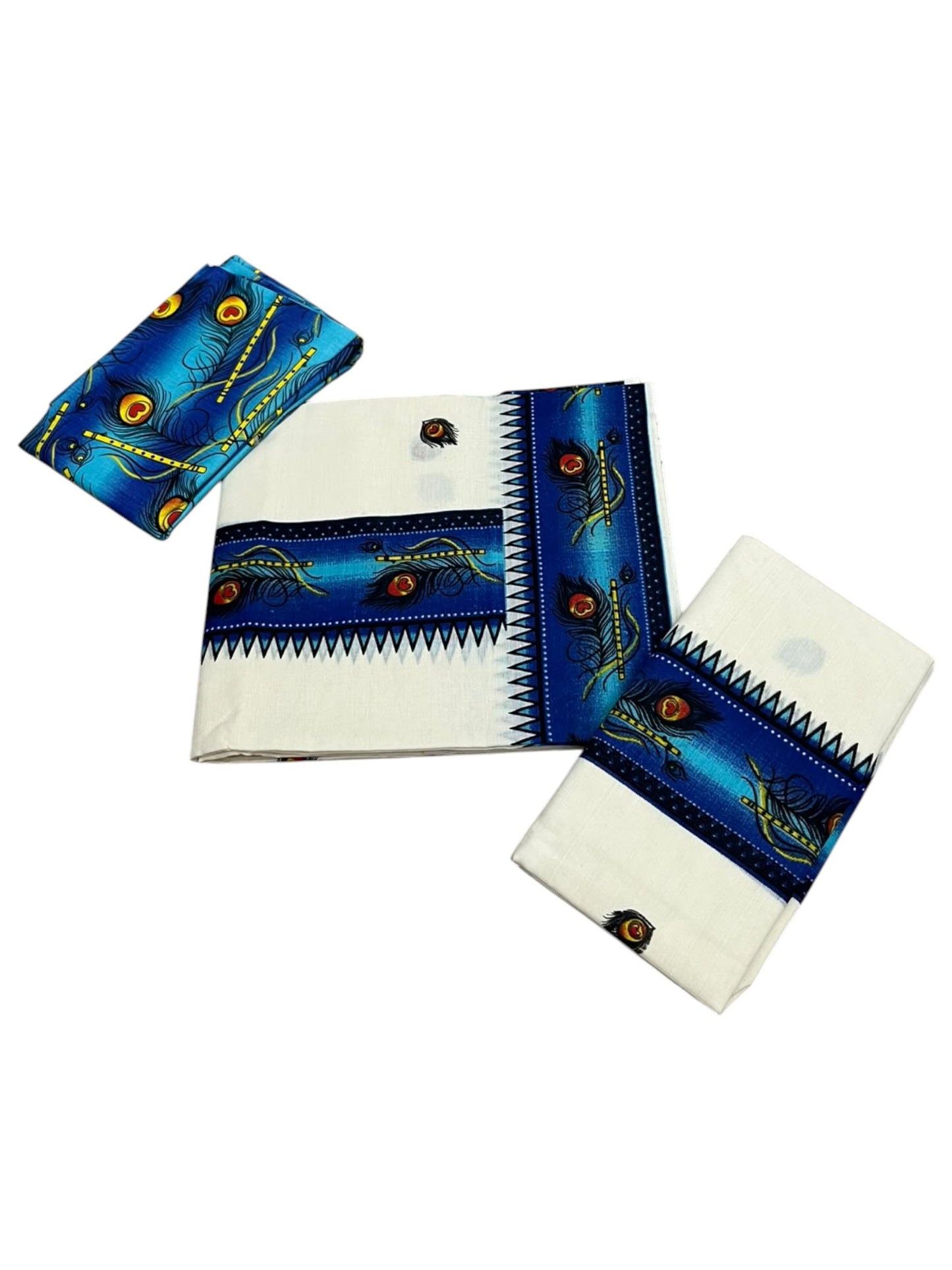 Southloom Kerala Pure Cotton  Set Mundu (Mundum Neriyathum) with Blue Block Prints on Border-2.80Mtrs SL621