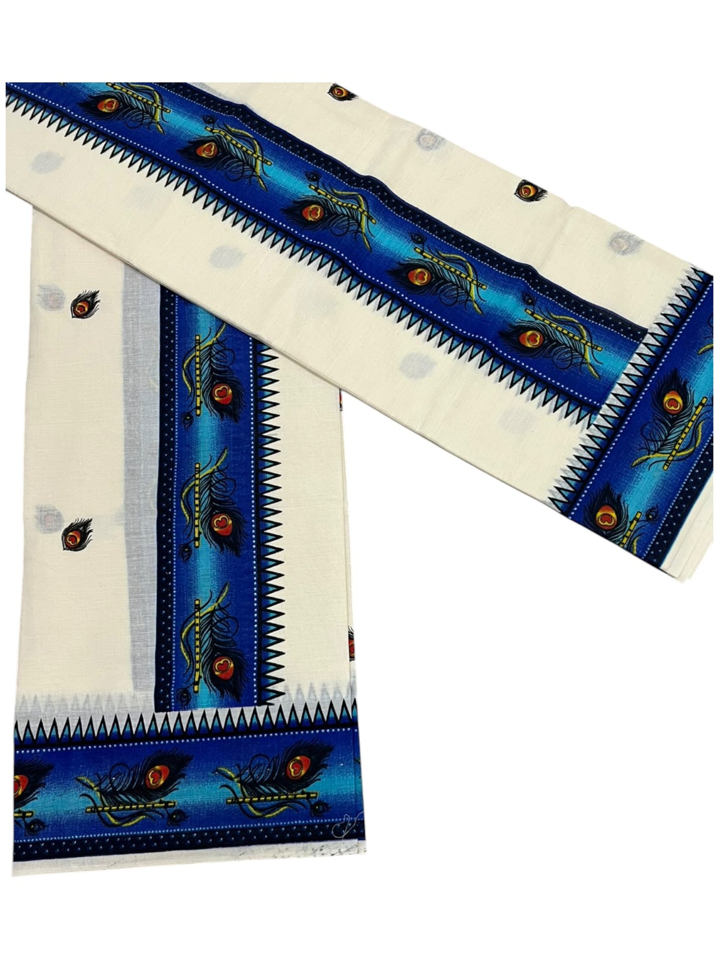Southloom Kerala Pure Cotton  Set Mundu (Mundum Neriyathum) with Blue Block Prints on Border-2.80Mtrs SL621