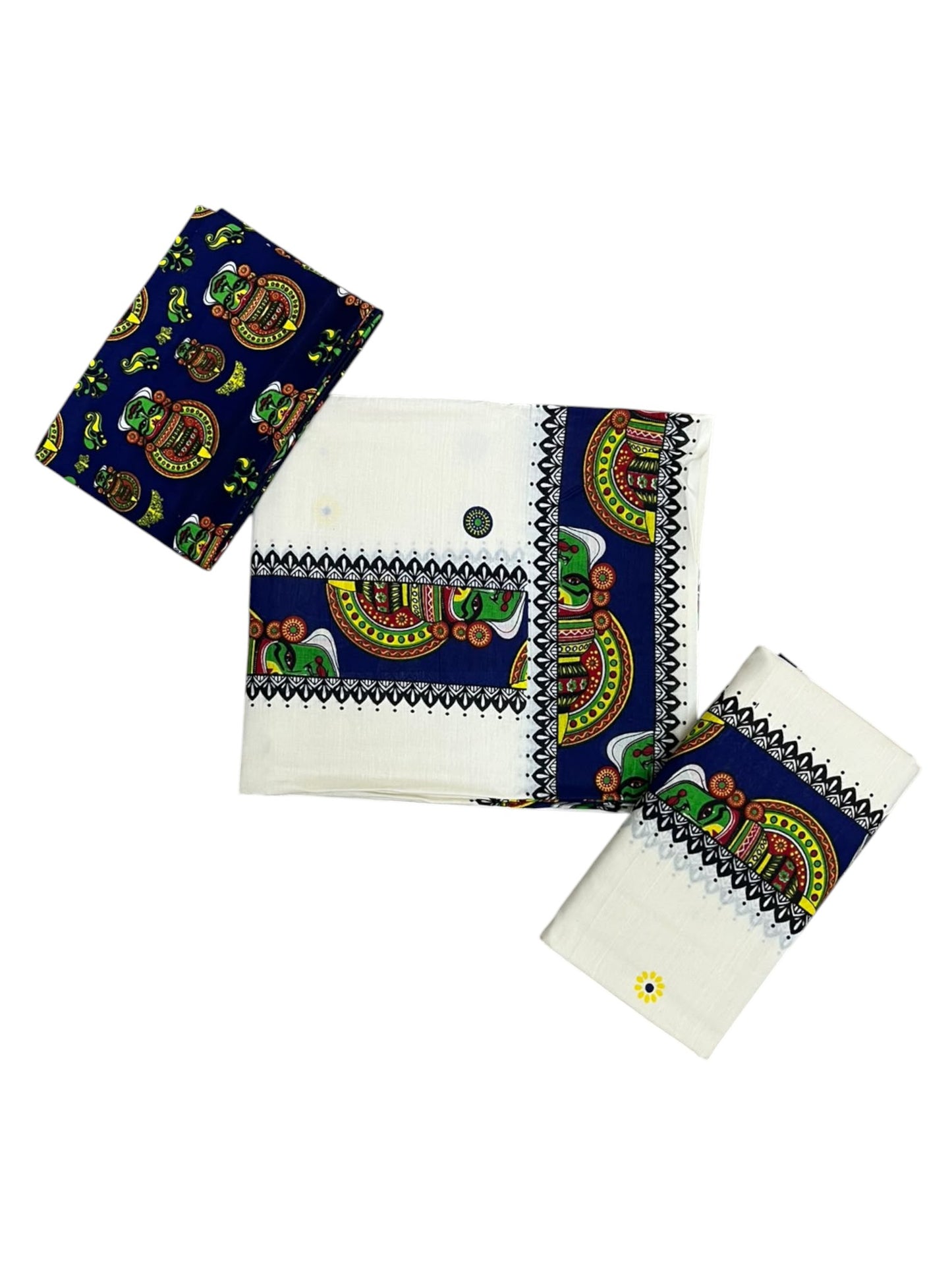 Southloom Kerala Pure Cotton Set Mundu (Mundum Neriyathum) with Blue Kathakali Block Prints on Border-2.80Mtrs SL621