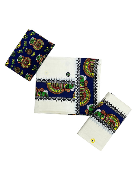 Southloom Kerala Pure Cotton Set Mundu (Mundum Neriyathum) with Blue Kathakali Block Prints on Border-2.80Mtrs SL621