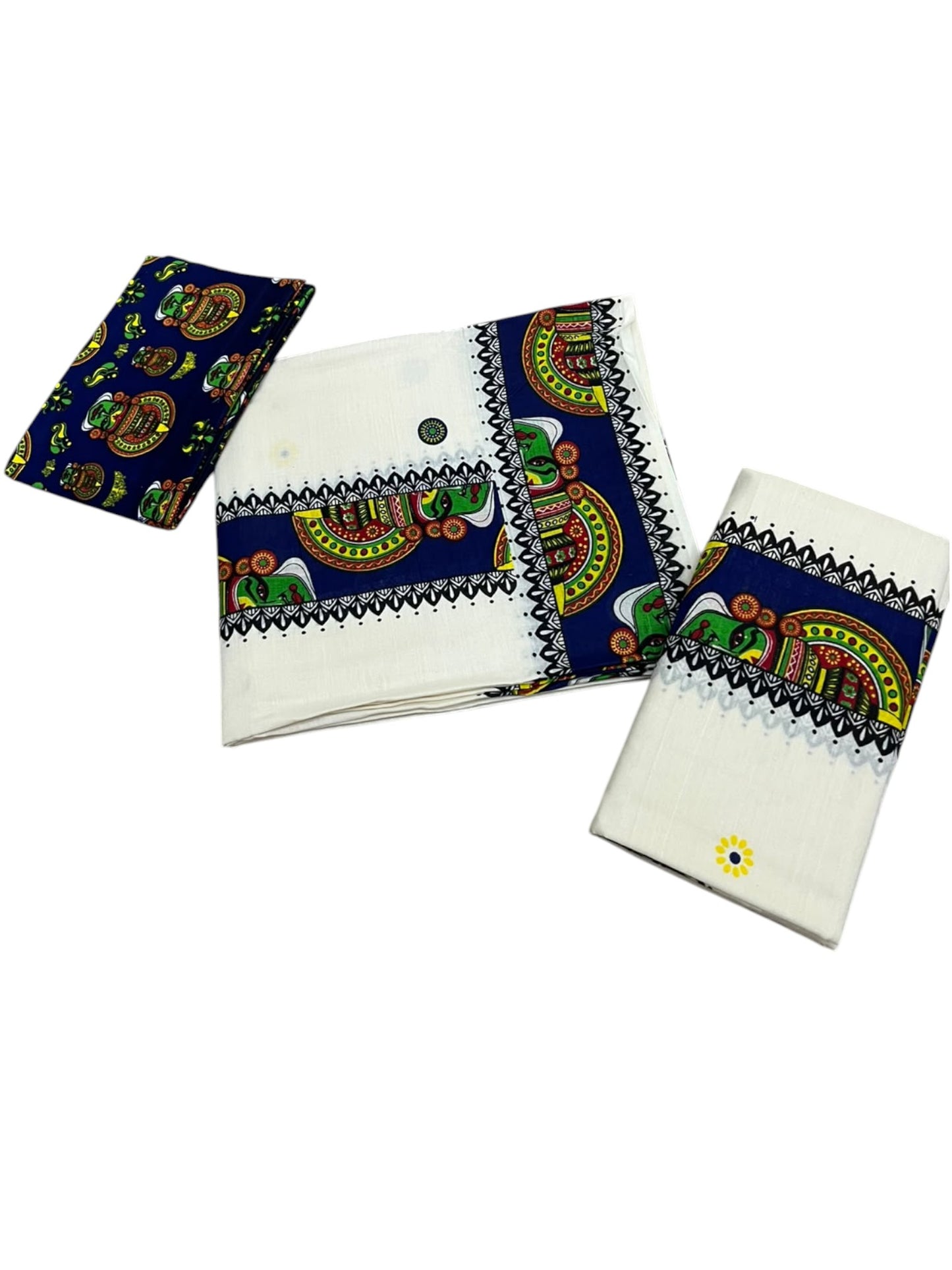 Southloom Kerala Pure Cotton Set Mundu (Mundum Neriyathum) with Blue Kathakali Block Prints on Border-2.80Mtrs SL621