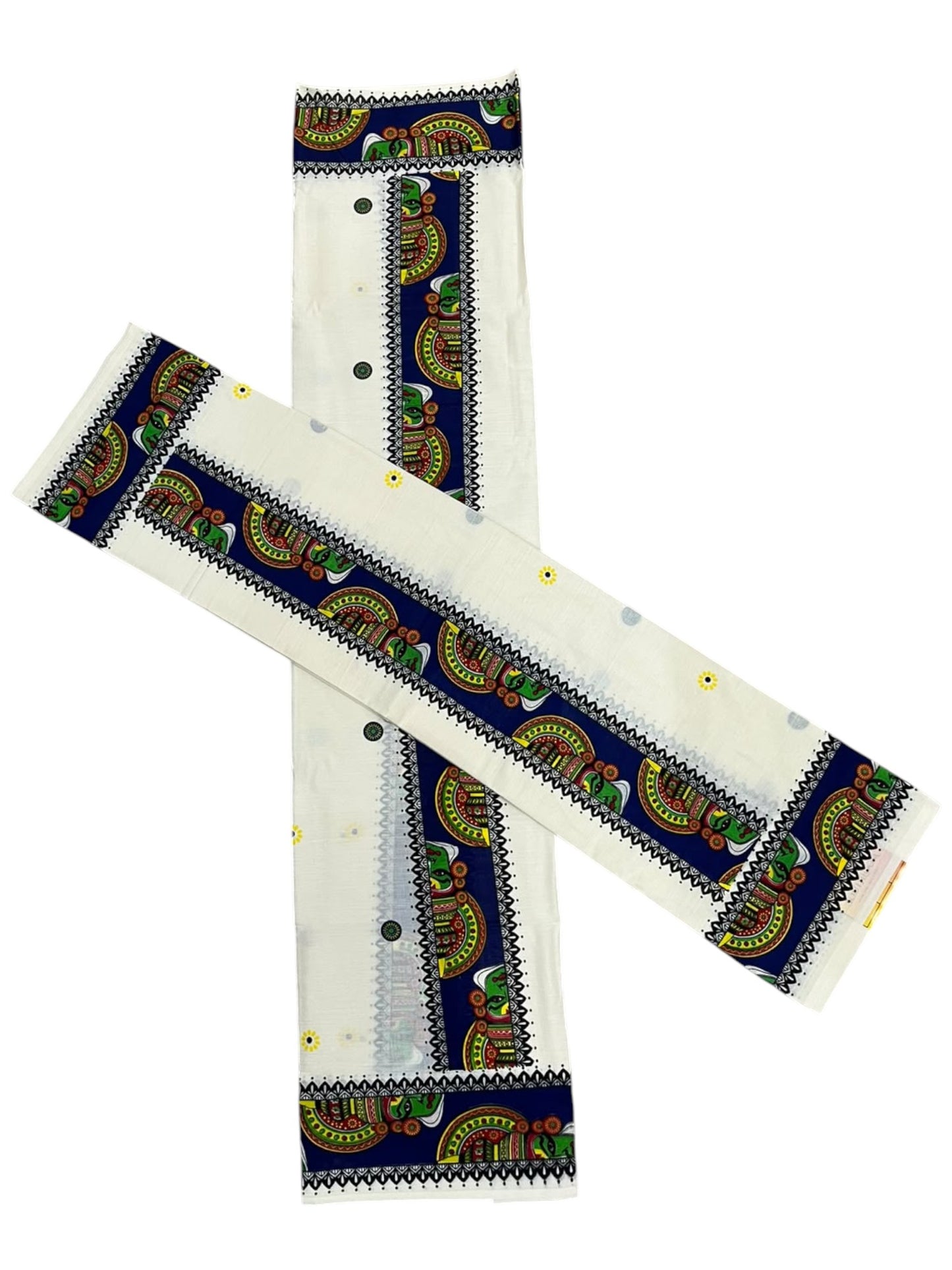 Southloom Kerala Pure Cotton Set Mundu (Mundum Neriyathum) with Blue Kathakali Block Prints on Border-2.80Mtrs SL621