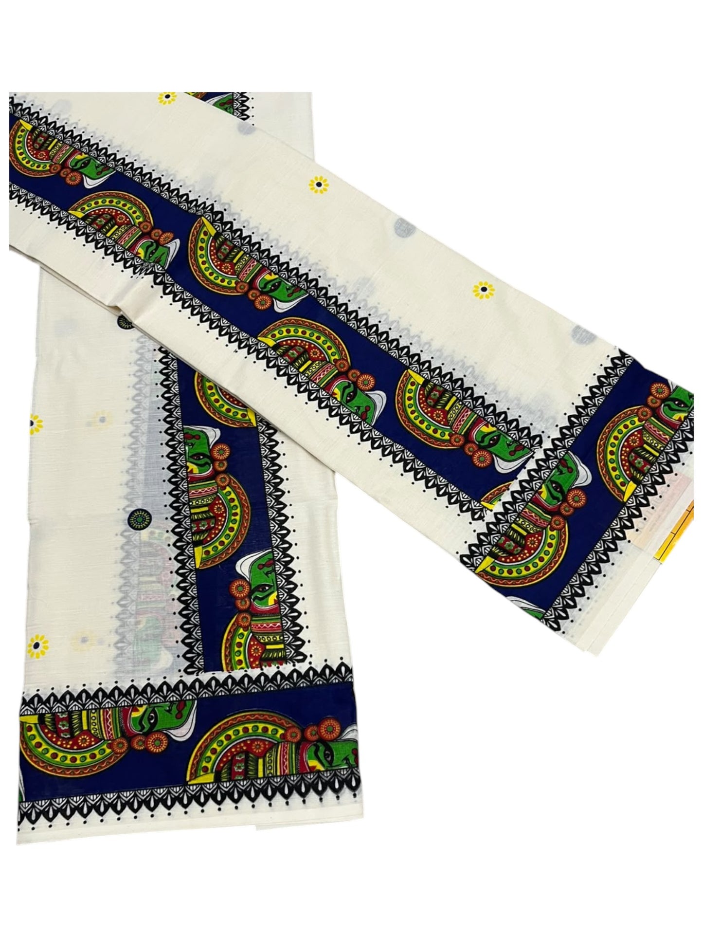 Southloom Kerala Pure Cotton Set Mundu (Mundum Neriyathum) with Blue Kathakali Block Prints on Border-2.80Mtrs SL621