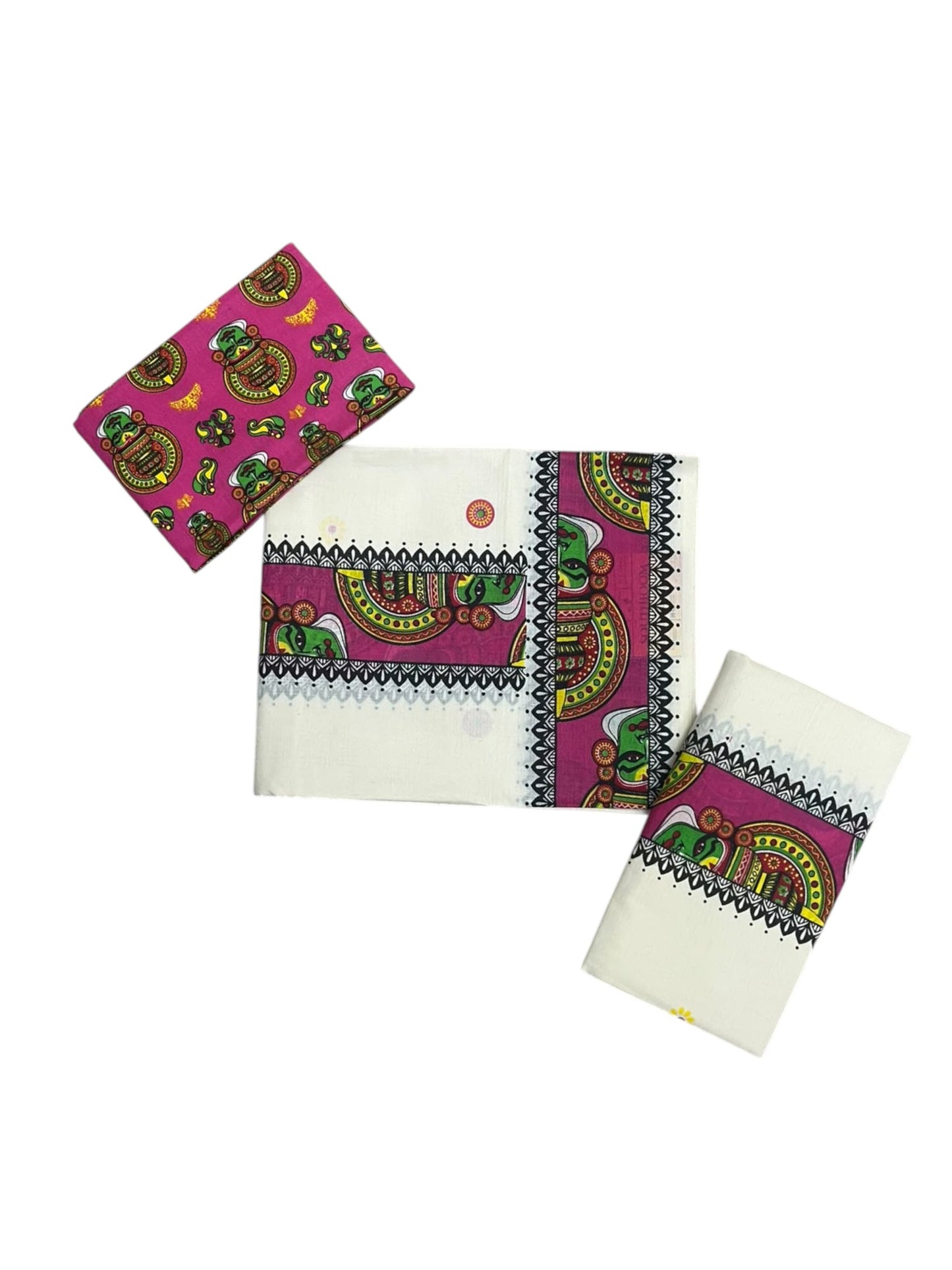 Southloom Kerala Pure Cotton Set Mundu (Mundum Neriyathum) with Blue Kathakali Block Prints on Border-2.80Mtrs SL621