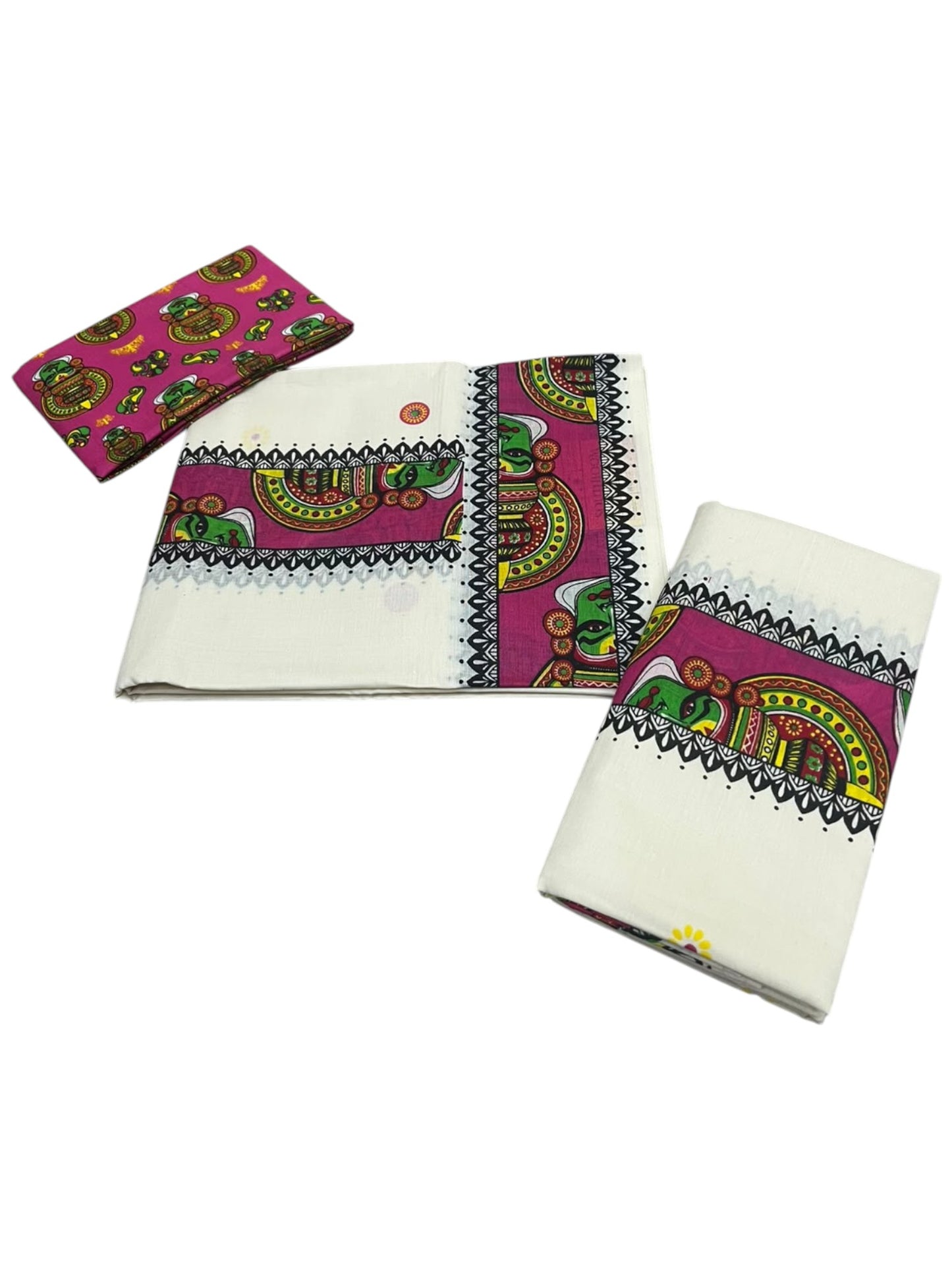 Southloom Kerala Pure Cotton Set Mundu (Mundum Neriyathum) with Blue Kathakali Block Prints on Border-2.80Mtrs SL621