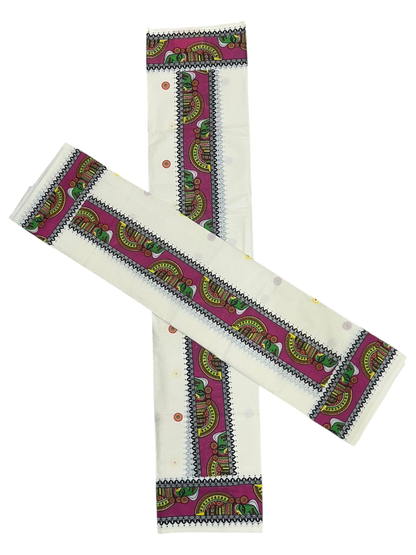 Southloom Kerala Pure Cotton Set Mundu (Mundum Neriyathum) with Blue Kathakali Block Prints on Border-2.80Mtrs SL621