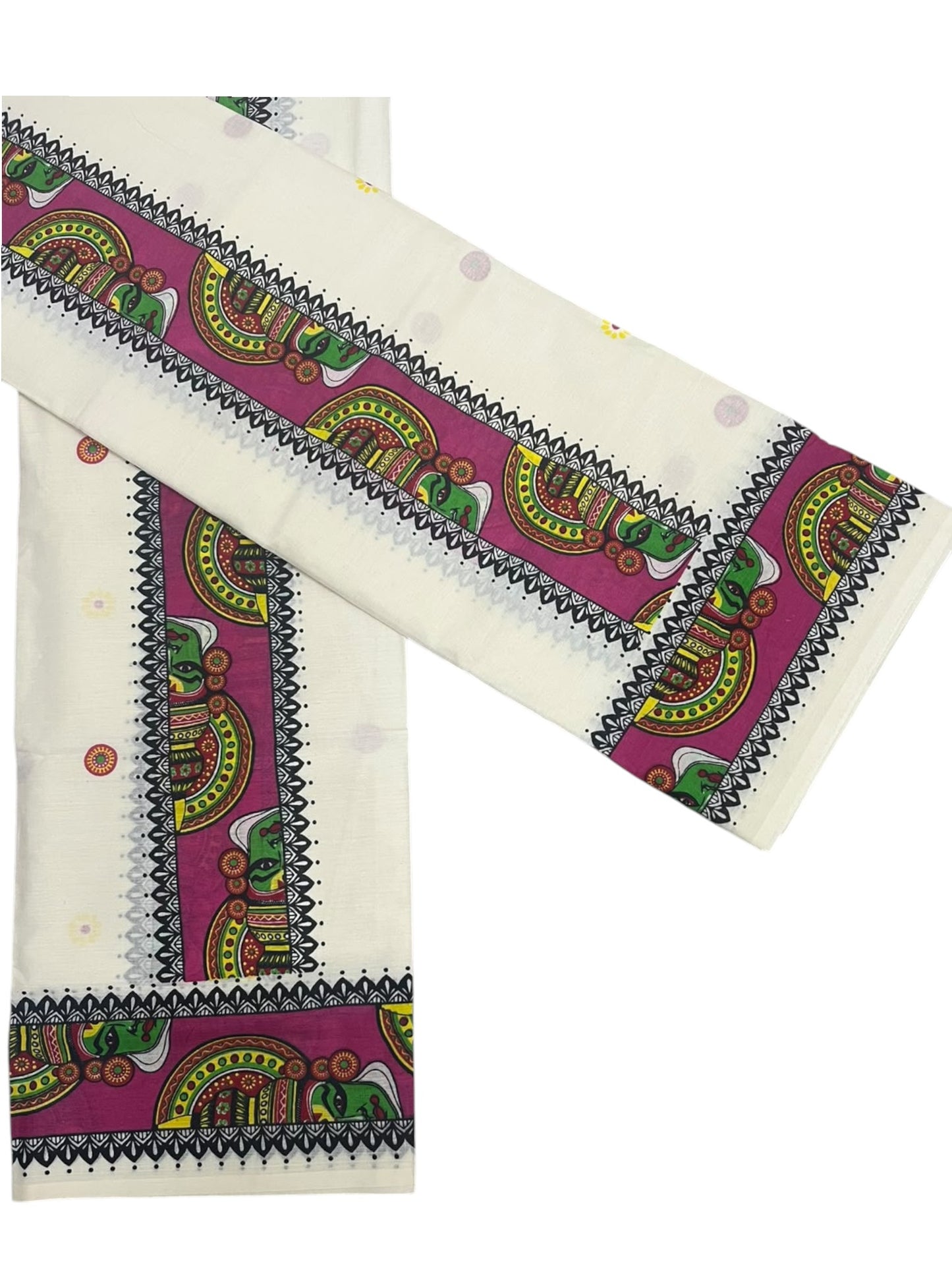 Southloom Kerala Pure Cotton Set Mundu (Mundum Neriyathum) with Blue Kathakali Block Prints on Border-2.80Mtrs SL621