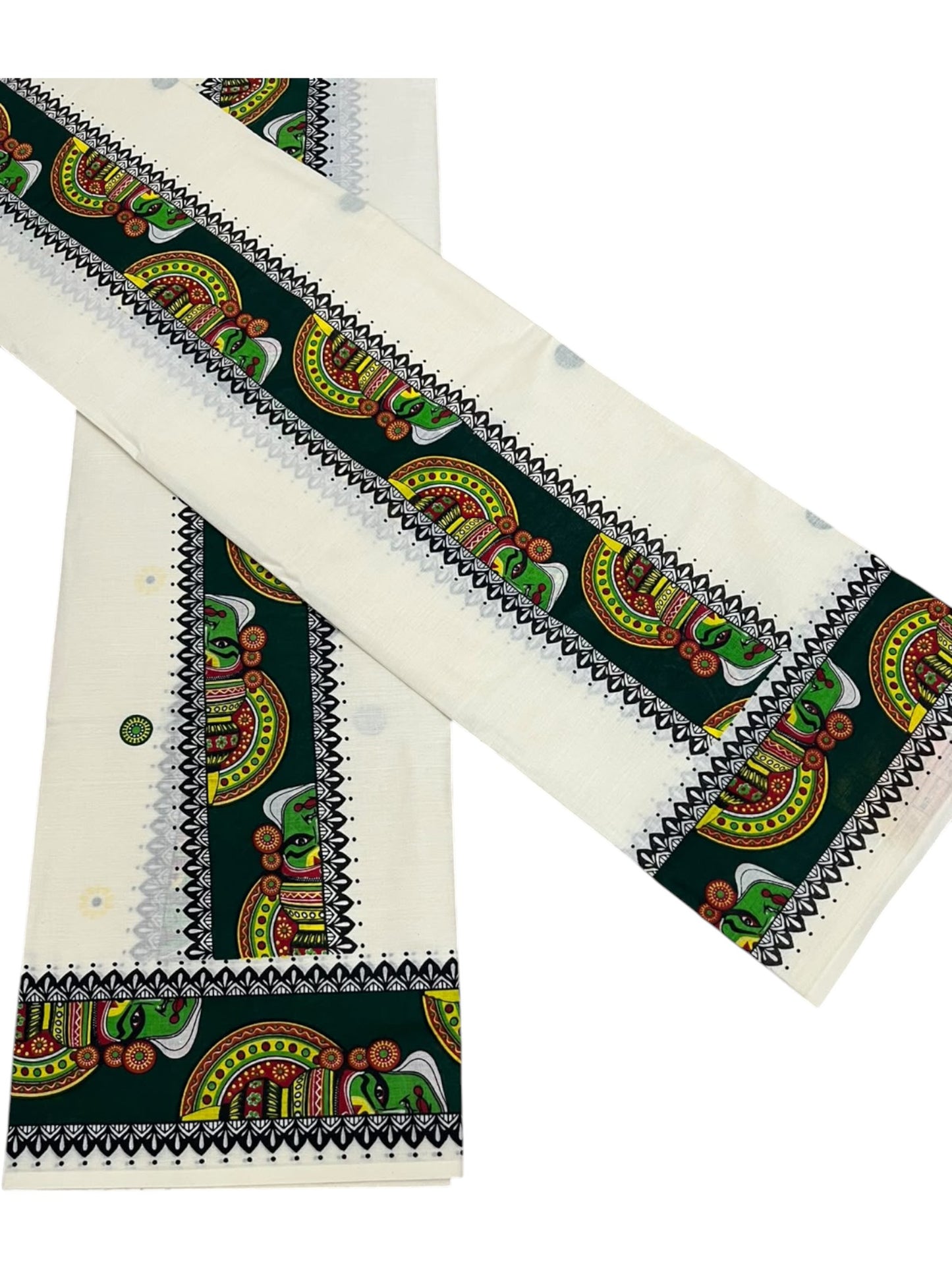 Southloom Kerala Pure Cotton Set Mundu (Mundum Neriyathum) with Green Kathakali Block Prints on Border-2.80Mtrs SL621