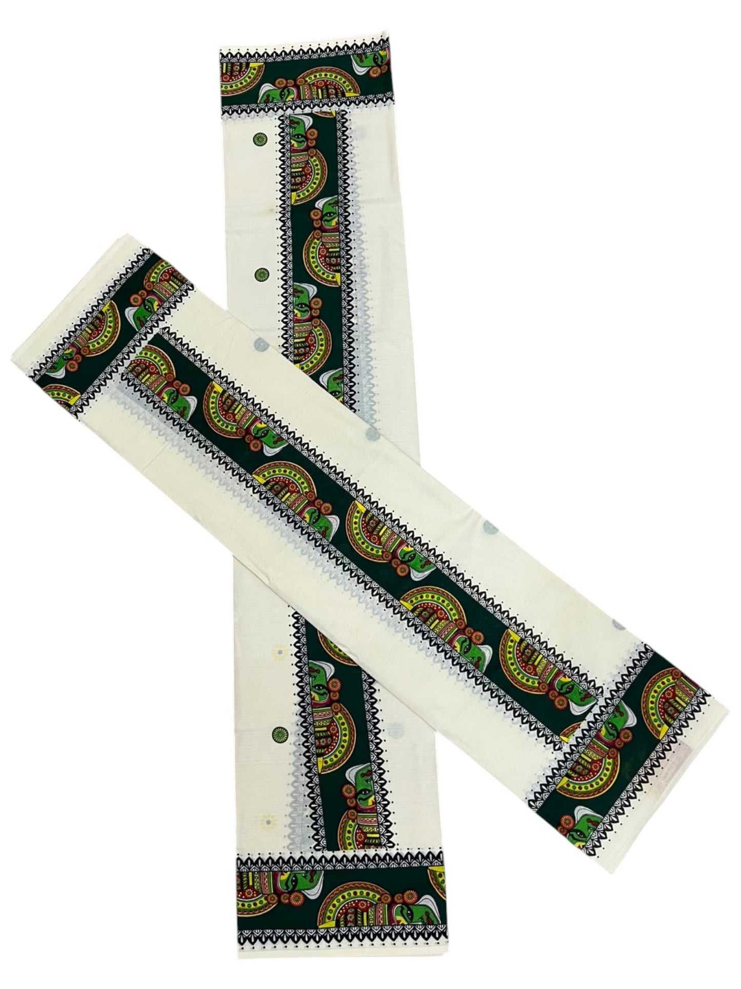 Southloom Kerala Pure Cotton Set Mundu (Mundum Neriyathum) with Green Kathakali Block Prints on Border-2.80Mtrs SL621