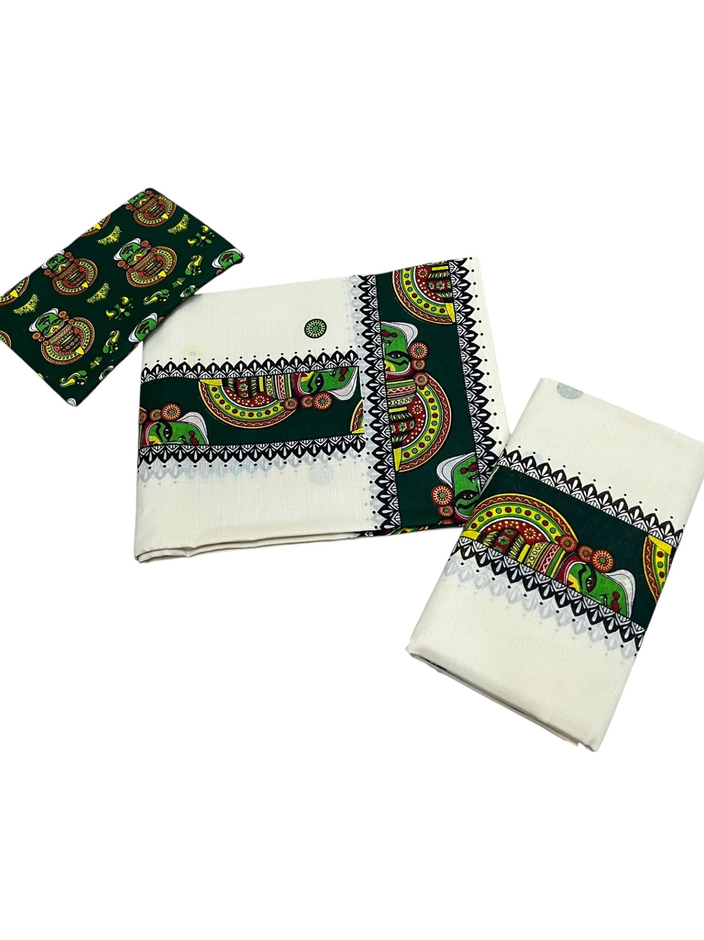 Southloom Kerala Pure Cotton Set Mundu (Mundum Neriyathum) with Green Kathakali Block Prints on Border-2.80Mtrs SL621
