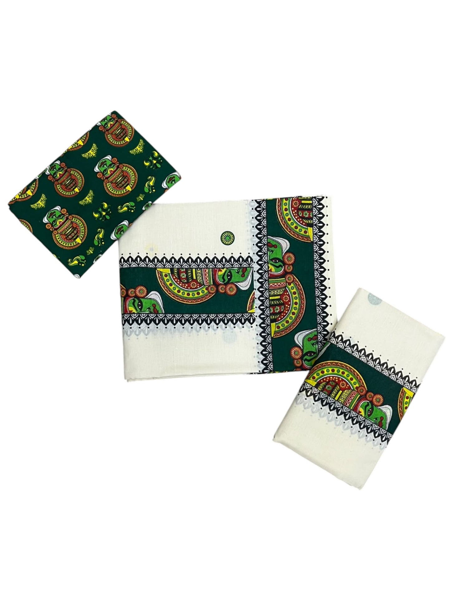 Southloom Kerala Pure Cotton Set Mundu (Mundum Neriyathum) with Green Kathakali Block Prints on Border-2.80Mtrs SL621