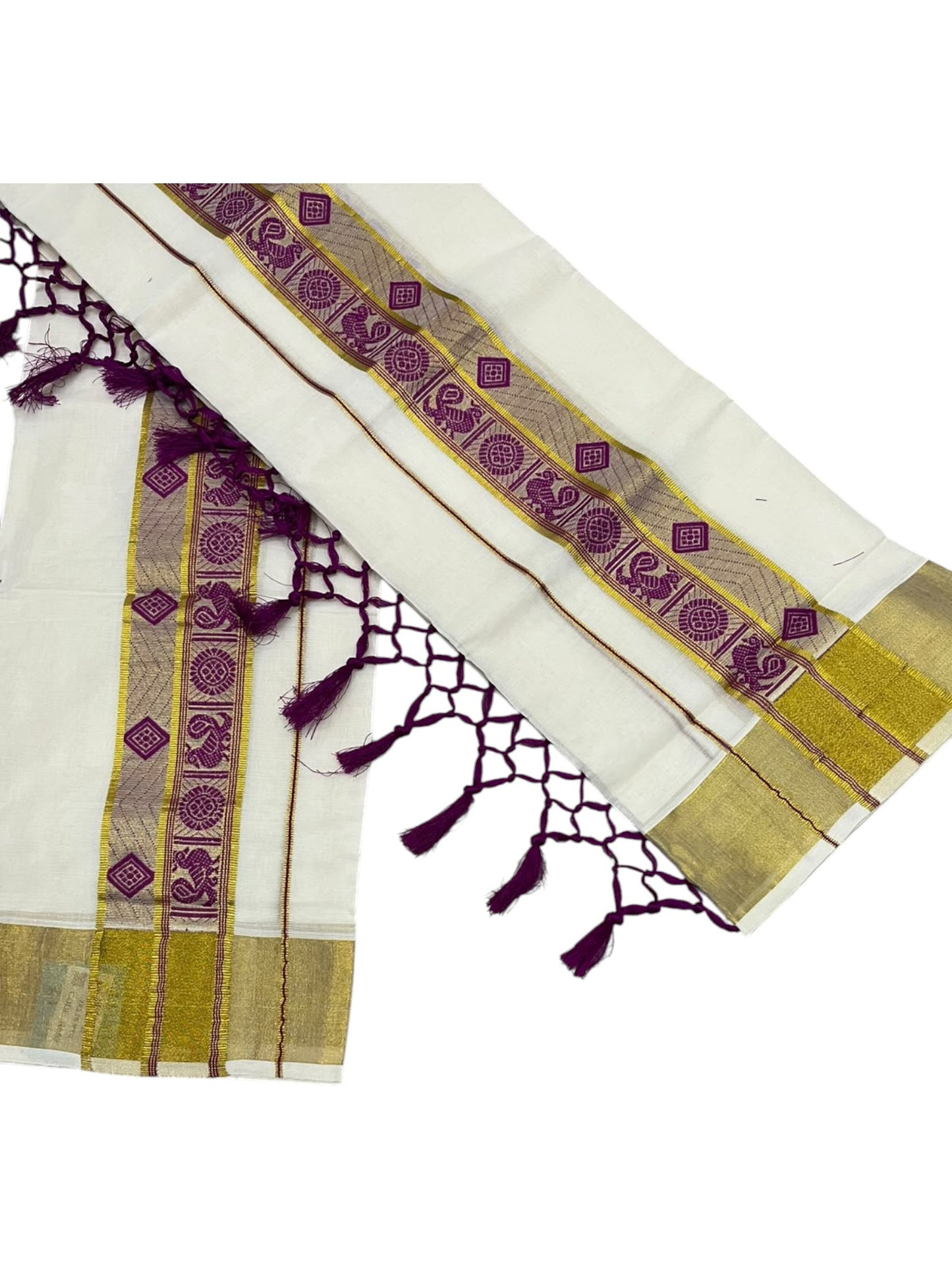 Southloom Kerala Cotton Kasavu Single Set Mundu (Mundum Neriyathum) with Peacock Design in Magenta SL527