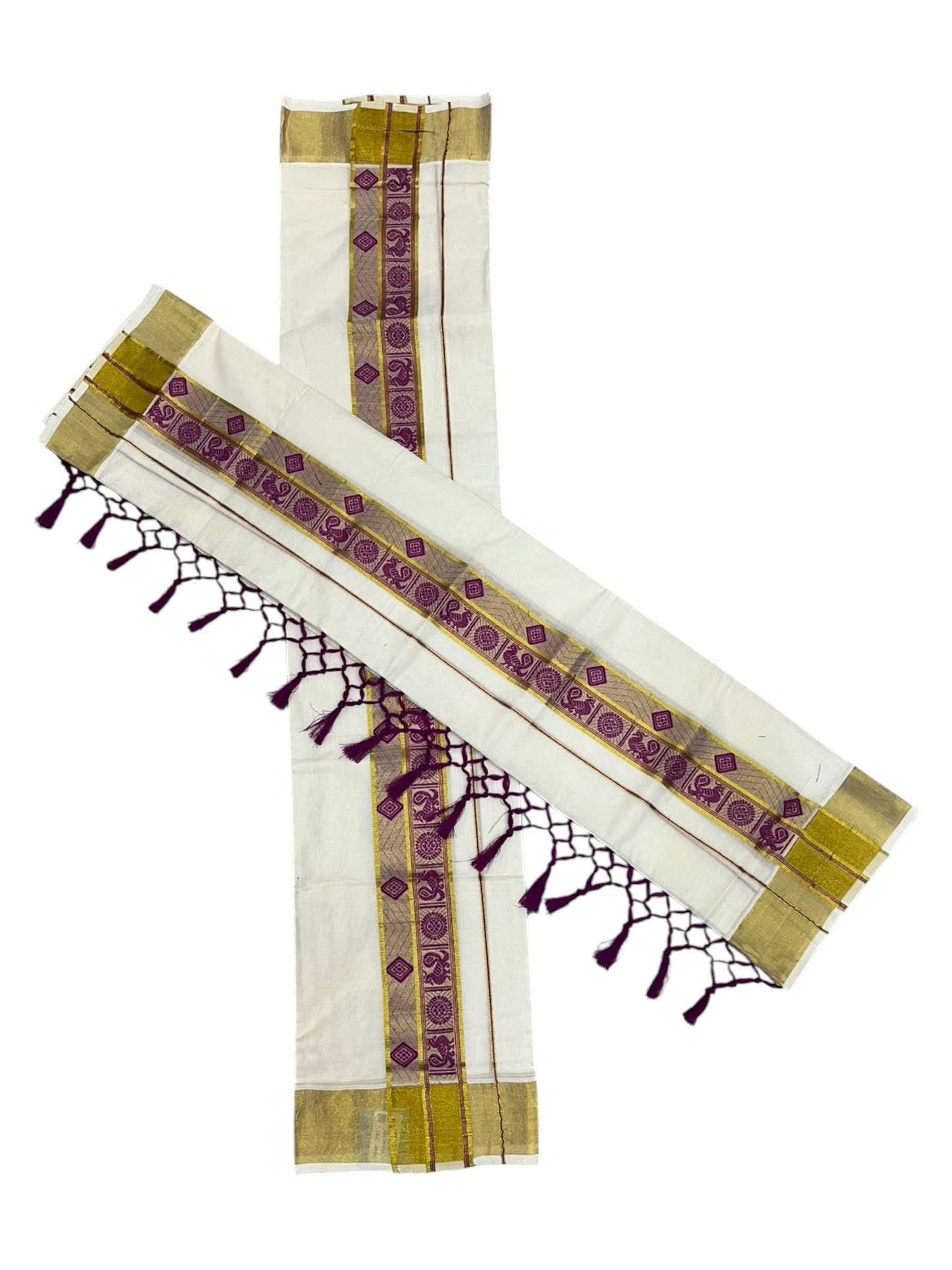 Southloom Kerala Cotton Kasavu Single Set Mundu (Mundum Neriyathum) with Peacock Design in Magenta SL527