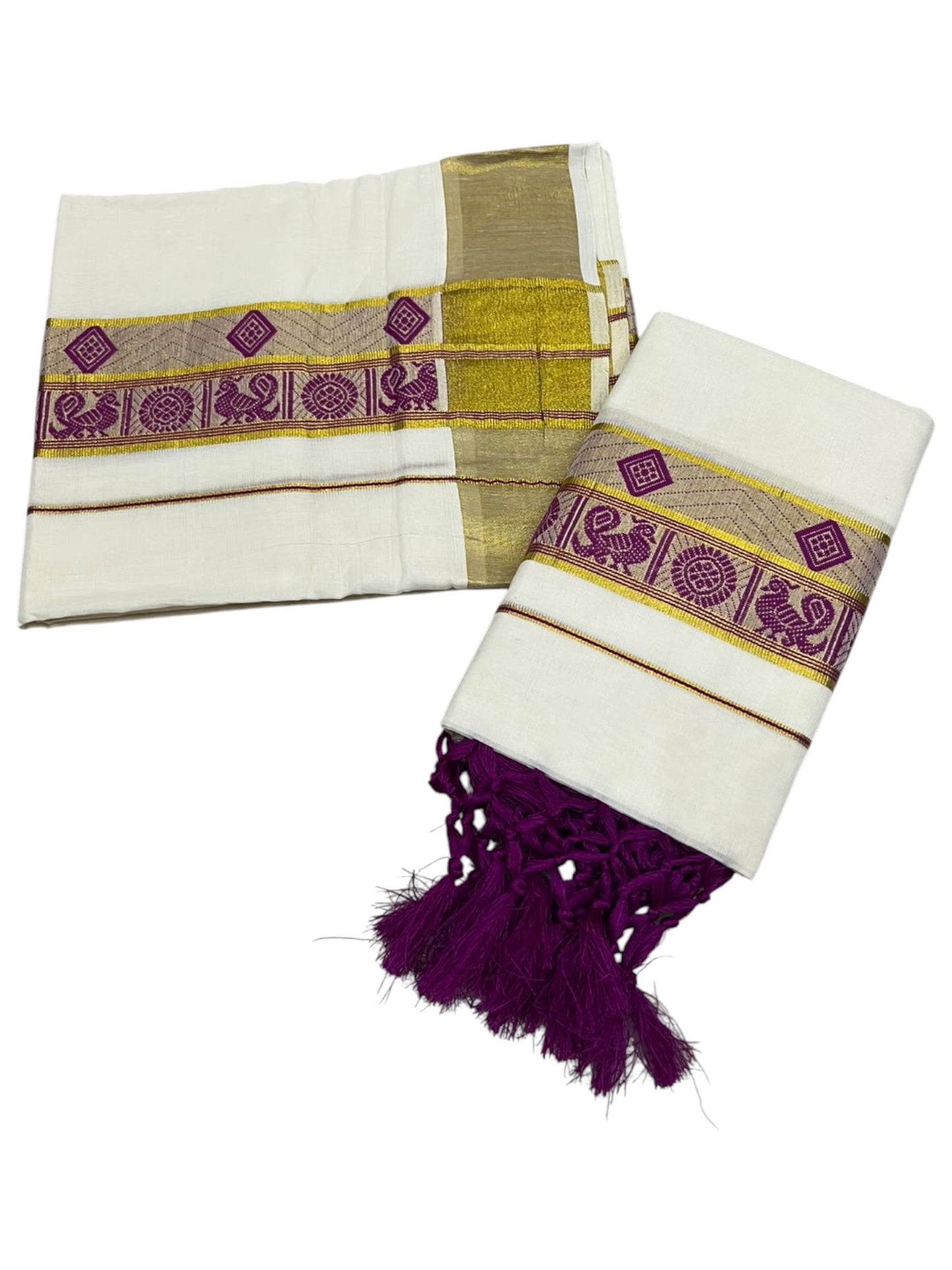 Southloom Kerala Cotton Kasavu Single Set Mundu (Mundum Neriyathum) with Peacock Design in Magenta SL527