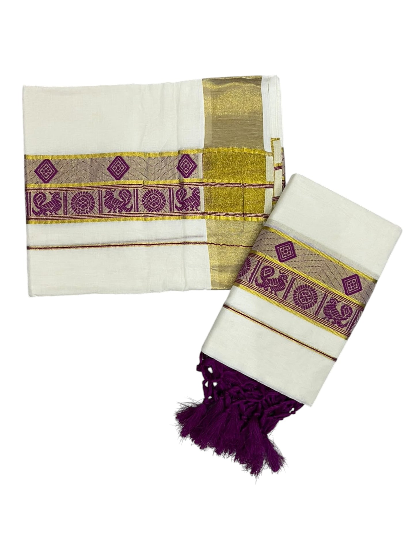 Southloom Kerala Cotton Kasavu Single Set Mundu (Mundum Neriyathum) with Peacock Design in Magenta SL527