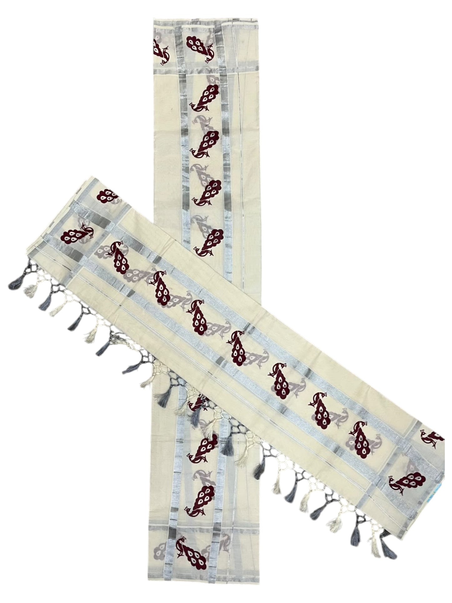 Southloom Kerala Cotton Single Set Mundu (Mundum Neriyathum) with Peacock Design in Brown