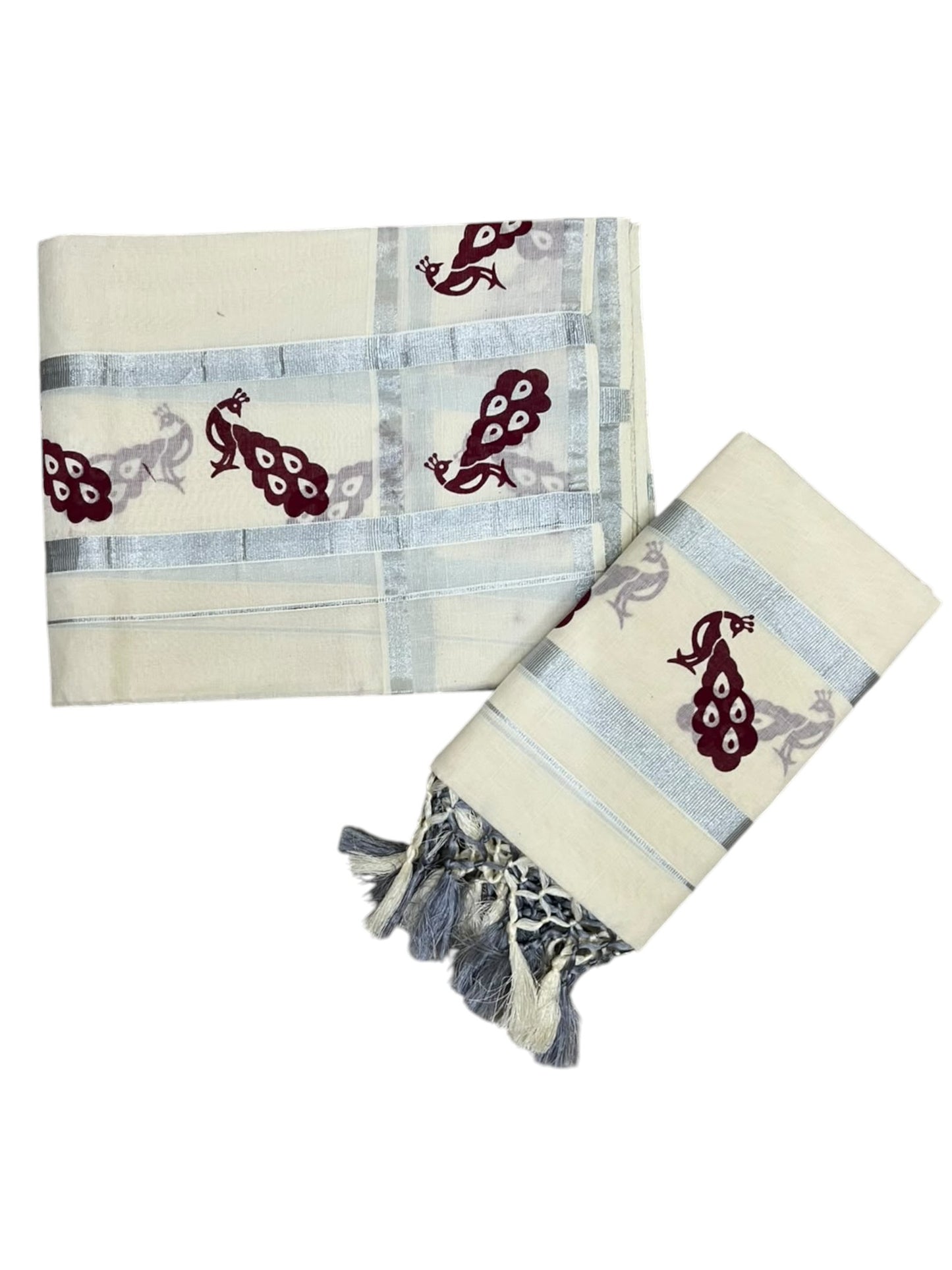 Southloom Kerala Cotton Single Set Mundu (Mundum Neriyathum) with Peacock Design in Brown