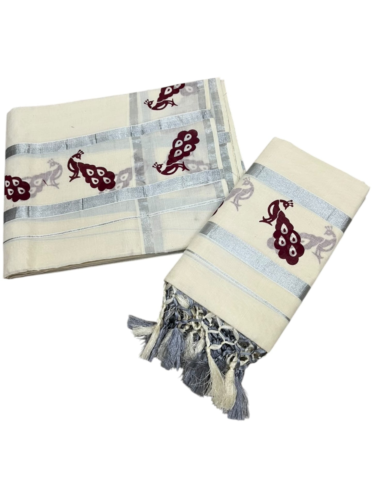 Southloom Kerala Cotton Single Set Mundu (Mundum Neriyathum) with Peacock Design in Brown