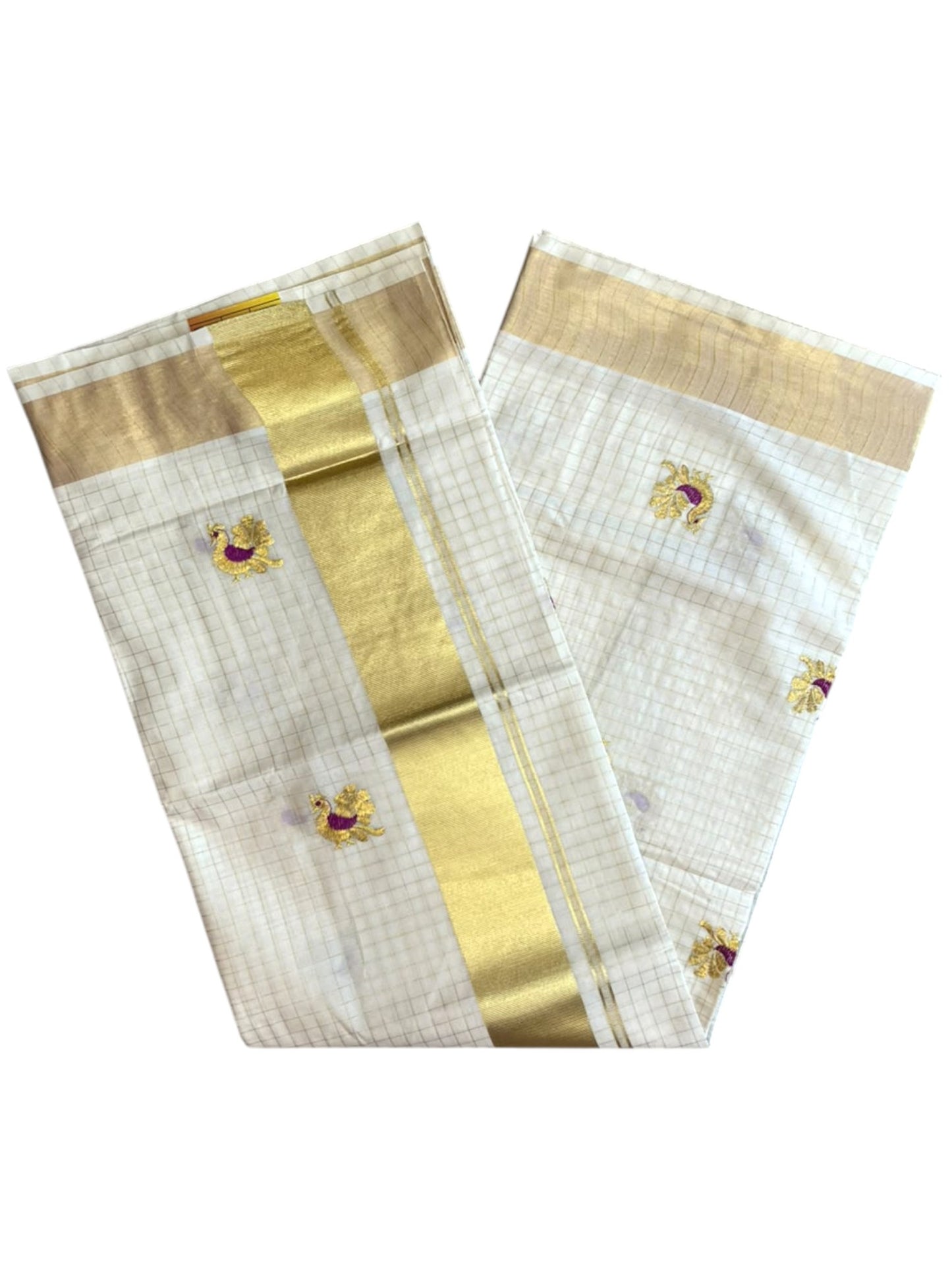 Southloom Cotton Kerala Kasavu Check Saree with Peacock Embroidery Work on Body in Magenta