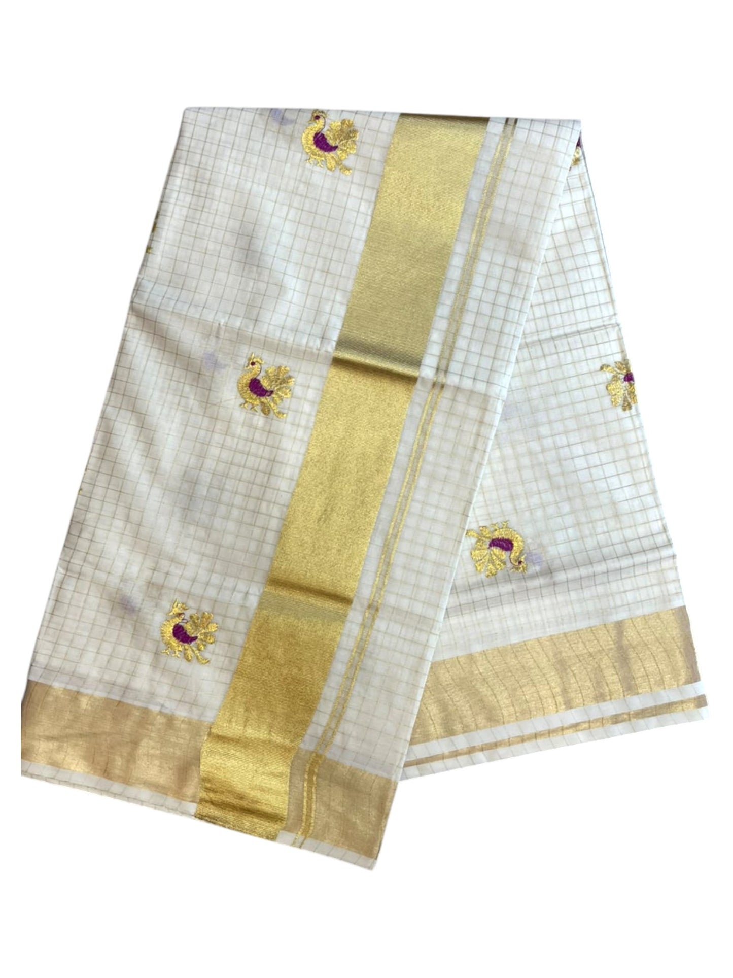 Southloom Cotton Kerala Kasavu Check Saree with Peacock Embroidery Work on Body in Magenta