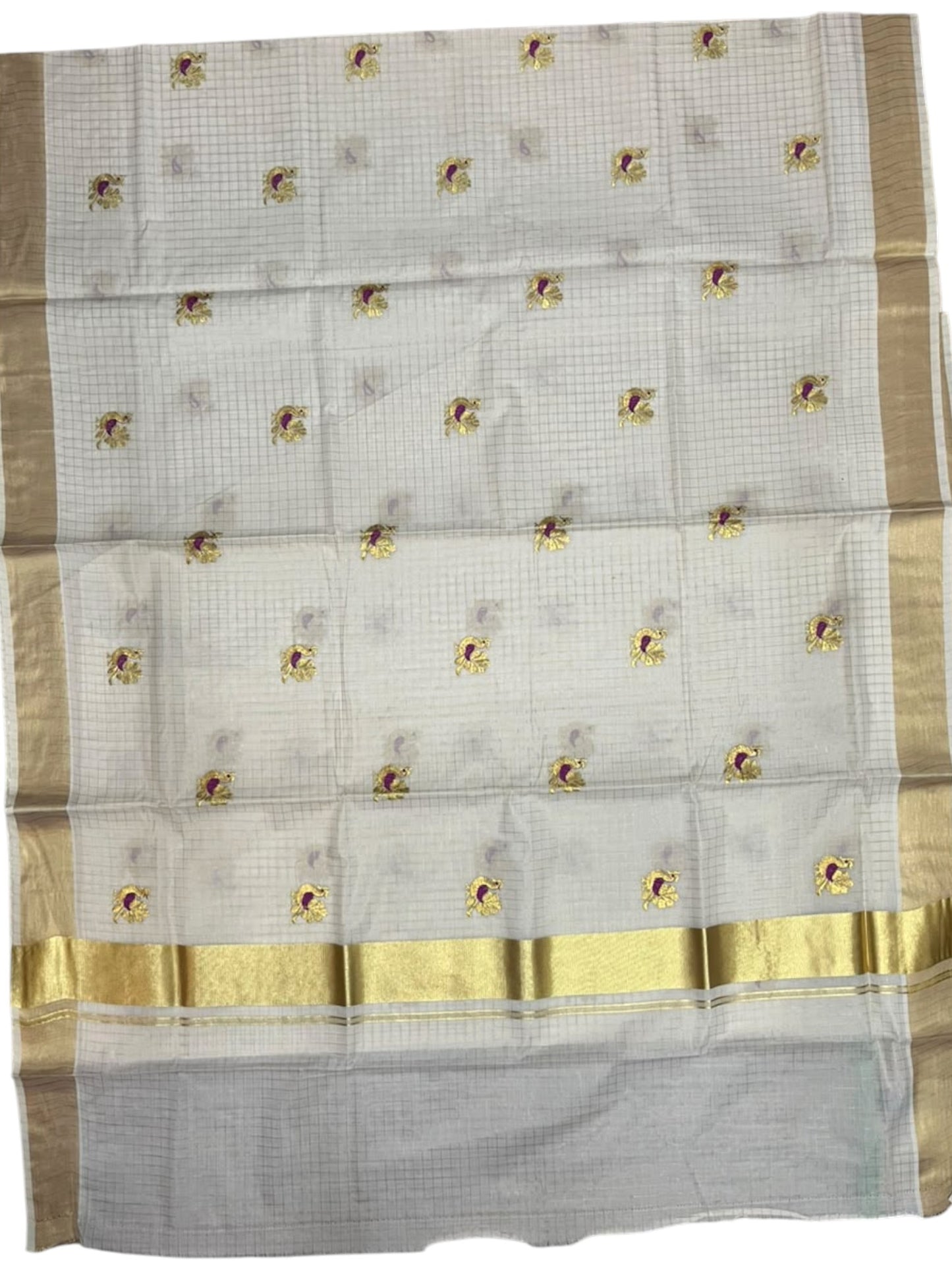 Southloom Cotton Kerala Kasavu Check Saree with Peacock Embroidery Work on Body in Magenta