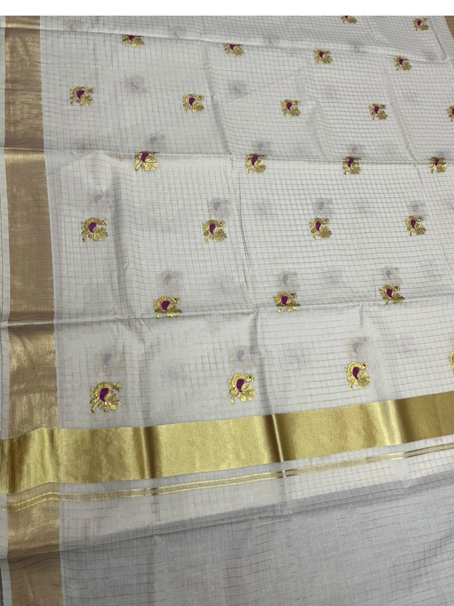 Southloom Cotton Kerala Kasavu Check Saree with Peacock Embroidery Work on Body in Magenta