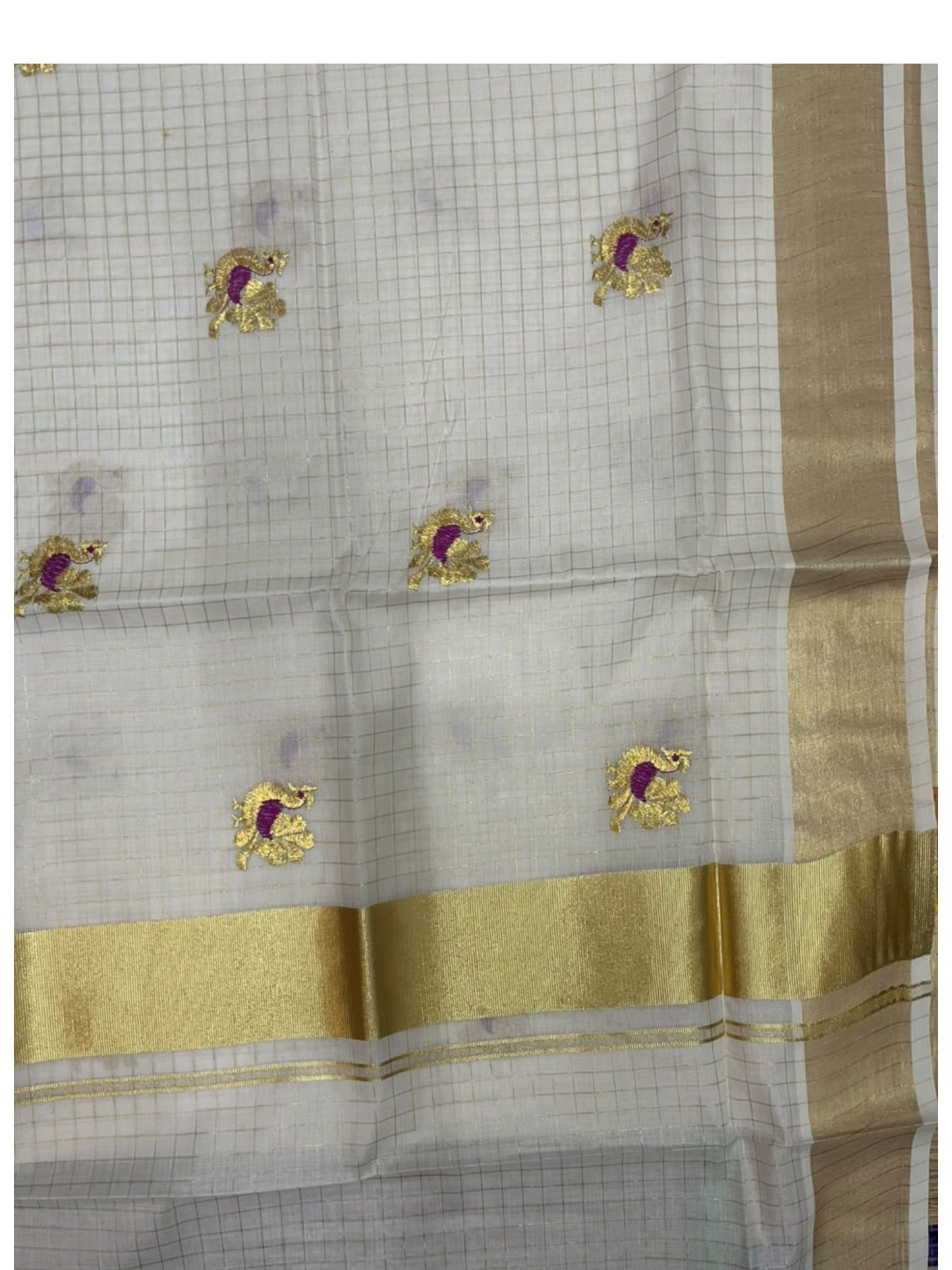 Southloom Cotton Kerala Kasavu Check Saree with Peacock Embroidery Work on Body in Magenta